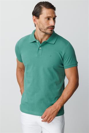 Yeşil Modern Fit Dar Kalıp Polo Yaka Düz Kısa Kollu  %100 Pamuk Tişört