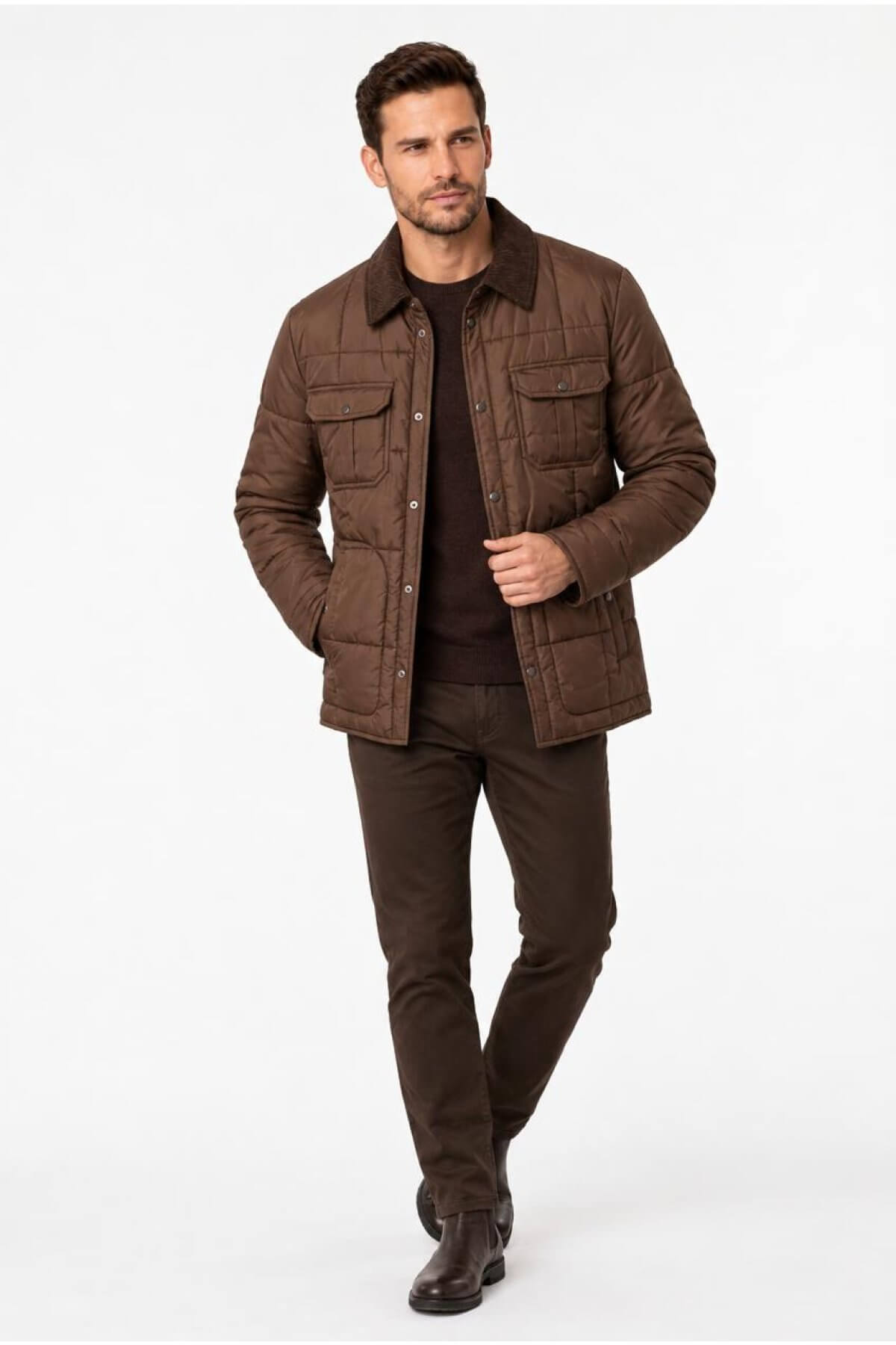Açik Kahve Modern Fit Standart Kalıp Gömlek Yaka Mont