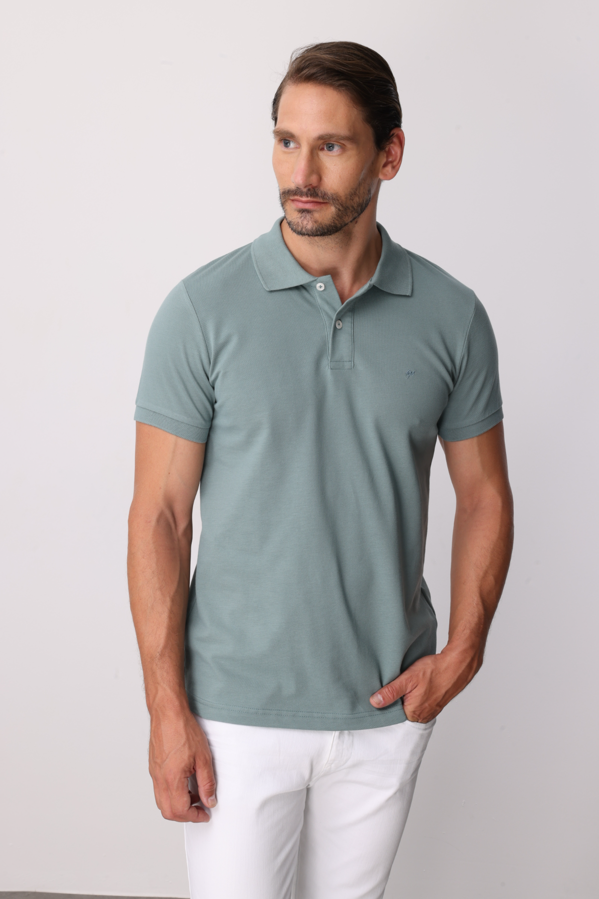 Açık Yeşil Modern Fit Dar Kalıp Polo Yaka Düz Kısa Kollu  %100 Pamuk Tişört