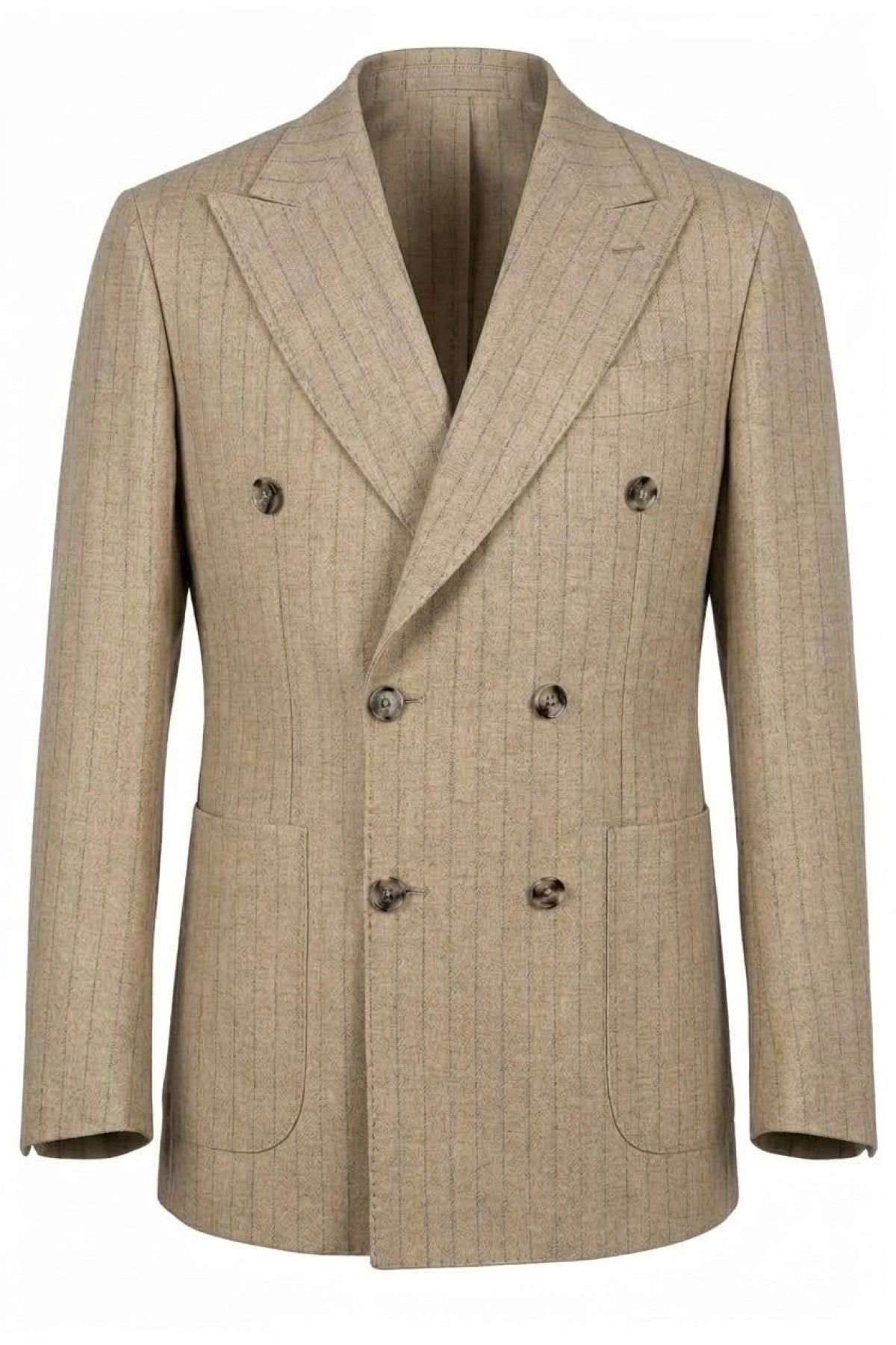 Bej Slim Fit Dar Kalıp Kırlangıç Yaka Yünlü Kruvaze  Ceket