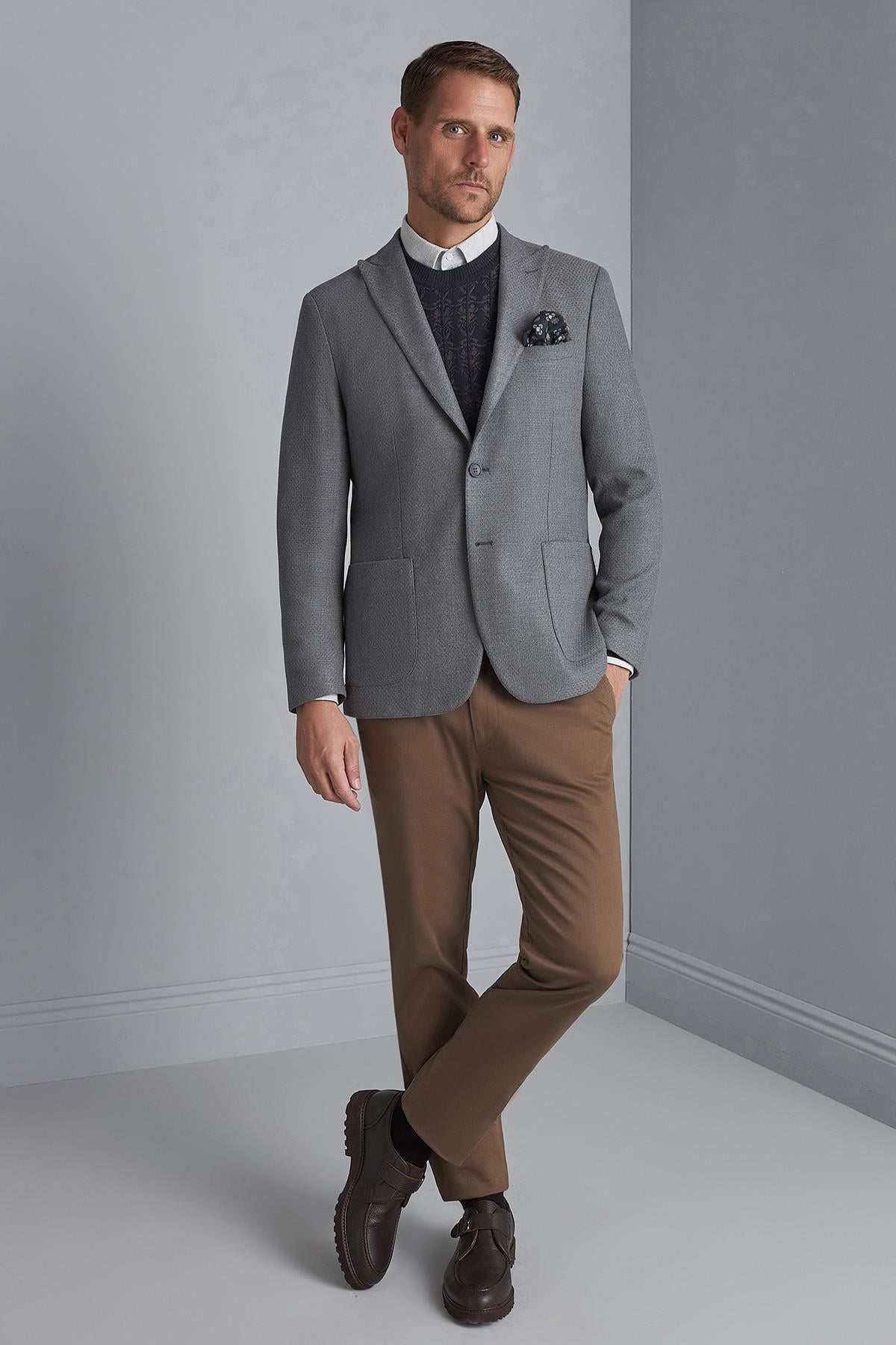 ERKEK GRİ SLIM FIT / DAR KALIP SİVRİ YAKA CEKET