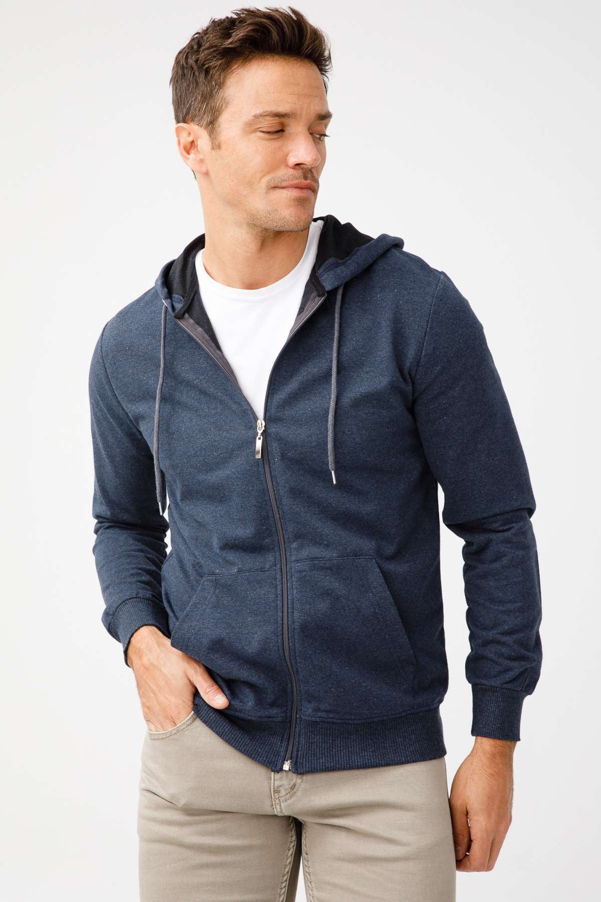 ERKEK İNDİGO MODERNFİT / DAR KALIP KAPŞONLU FERMUARLI SWEATSHİRT