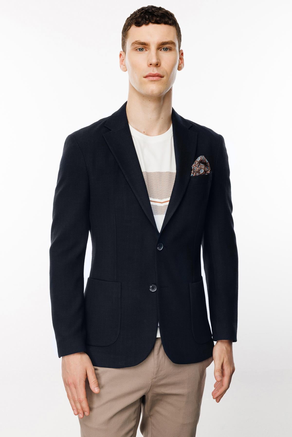 ERKEK LACİVERT SLIM FIT / DAR KALIP GENİŞ MONO CEKET