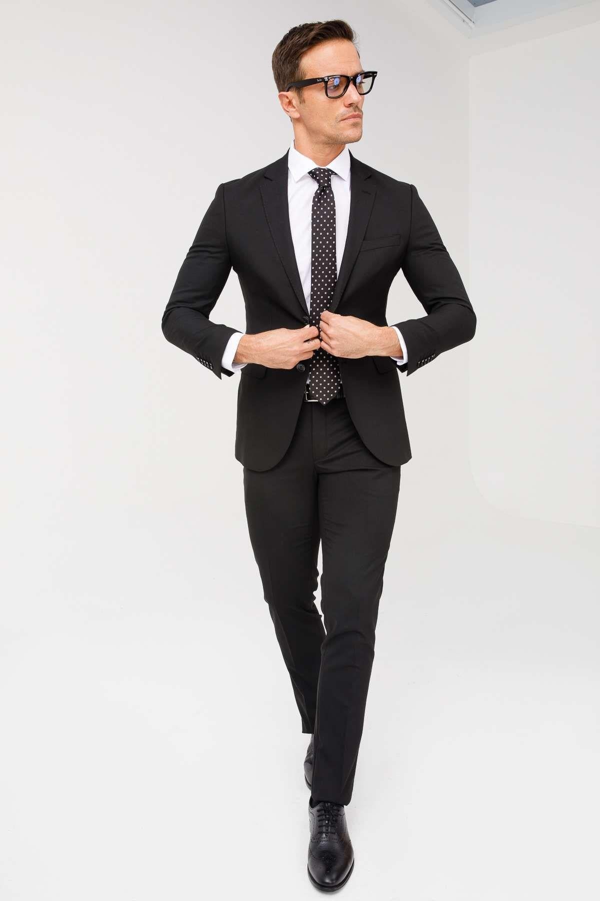 Erkek Siyah Slim Fit Dar Kalıp Klasik Takım Elbise