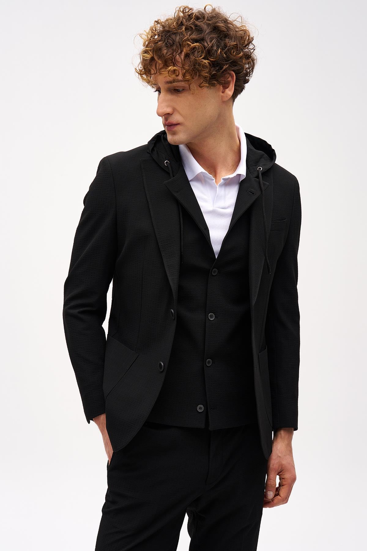 ERKEK SİYAH SLIM FIT / DAR KALIP MONO YAKA KOMBİNLİ TAKIM ELBİSE