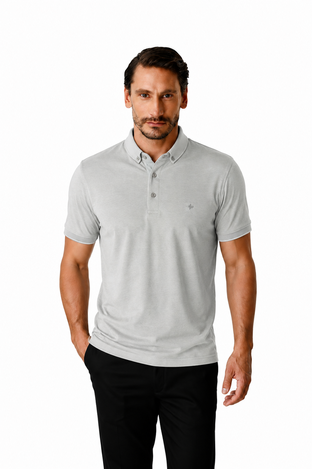 Gri Slim Fit Dar Kalıp Düğmeli Polo Yaka Düz Kısa Kollu Pamuklu Tişört