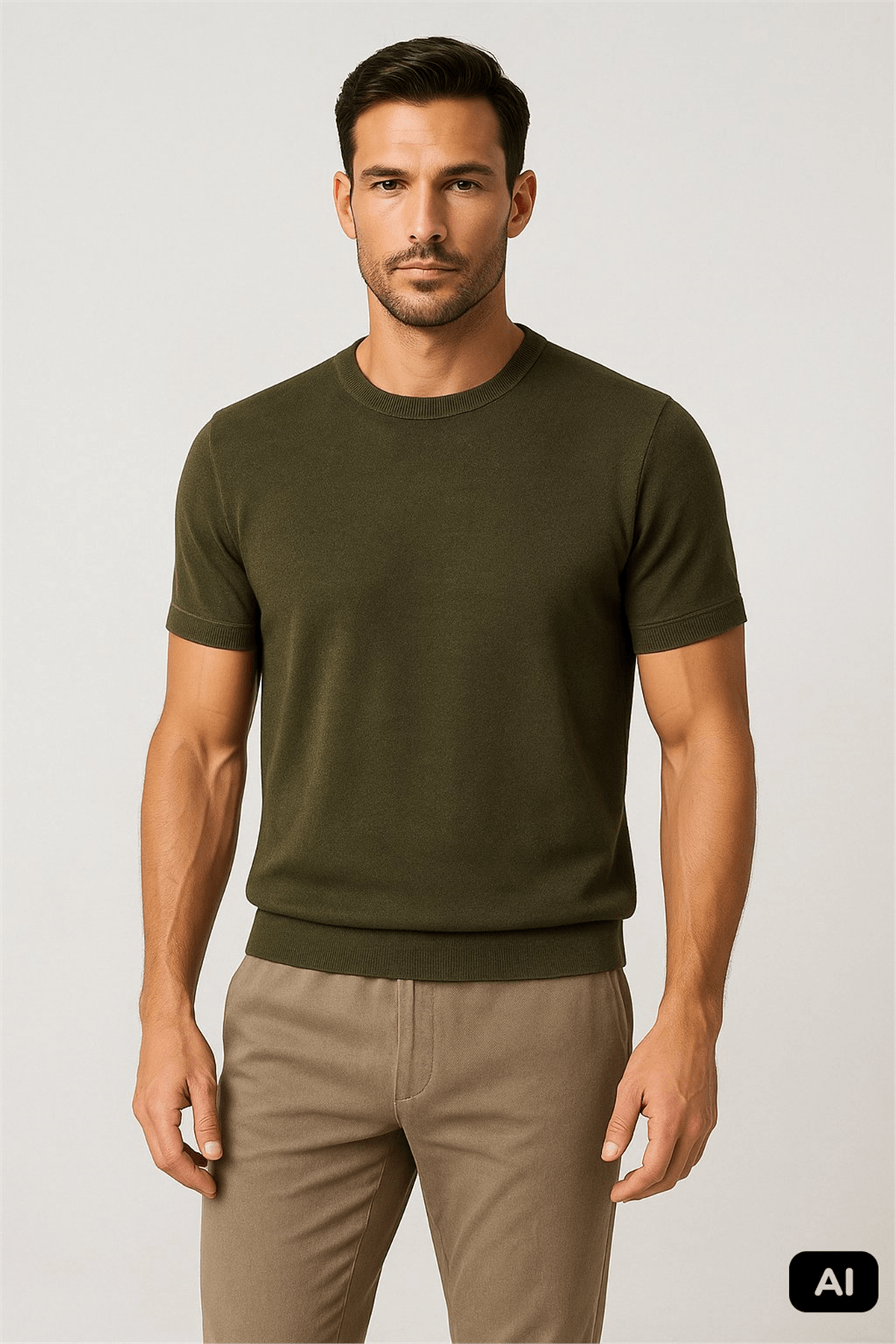 Haki Regular Fit Rahat Kalıp Bisiklet Yaka Düz Kısa Kollu %100 Pamuk Tişört