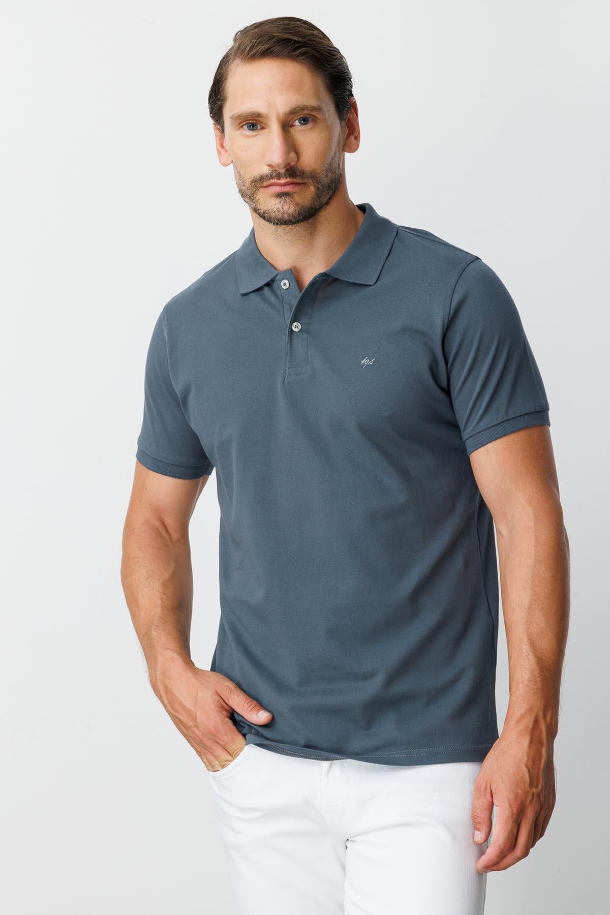 Koyu Gri Modern Fit Dar Kalıp Polo Yaka Düz Kısa Kollu  %100 Pamuk Tişört