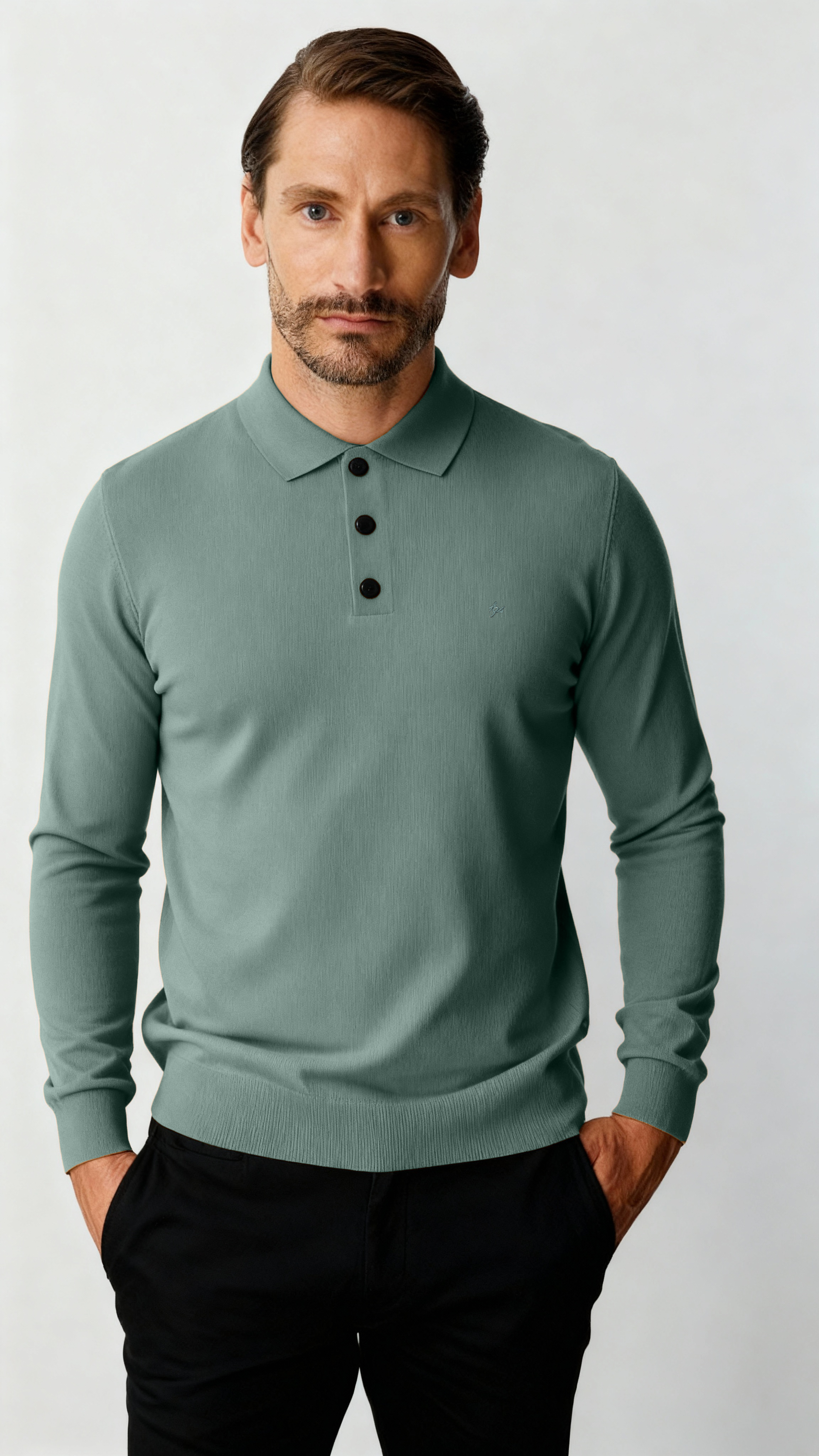 Mint Yeşili Standart Fit Dar Kalıp Polo Yaka Düz Uzun Kollu  Triko