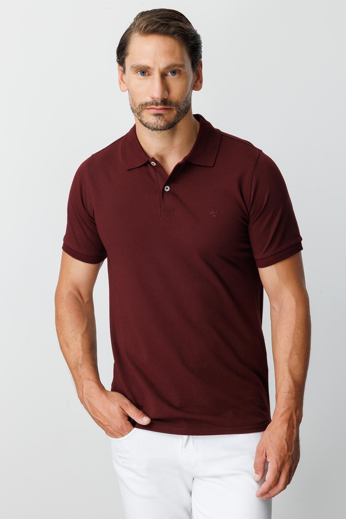 Mürdüm Modern Fit Dar Kalıp Polo Yaka Düz Kısa Kollu Pamuklu Tişört