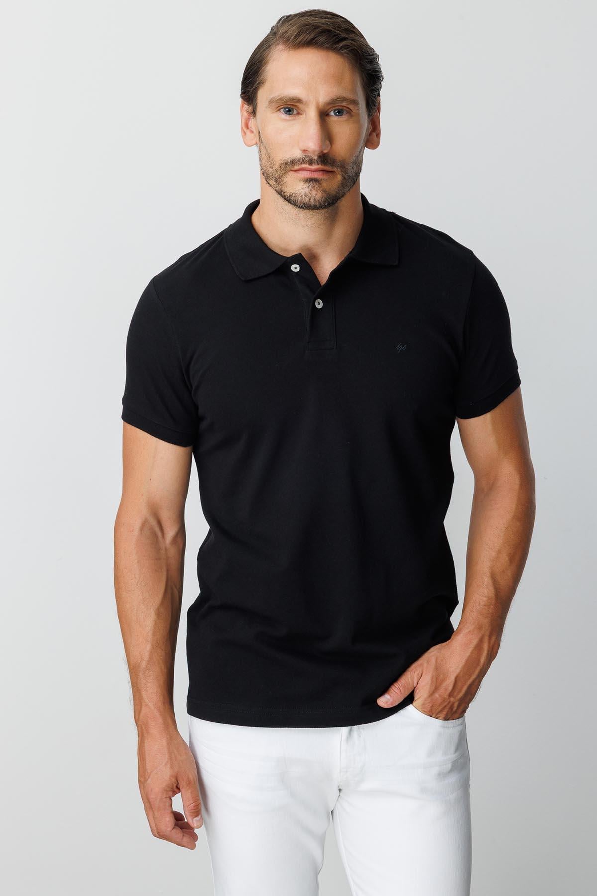 Siyah Modern Fit Dar Kalıp Polo Yaka Düz Kısa Kollu  %100 Pamuk Tişört