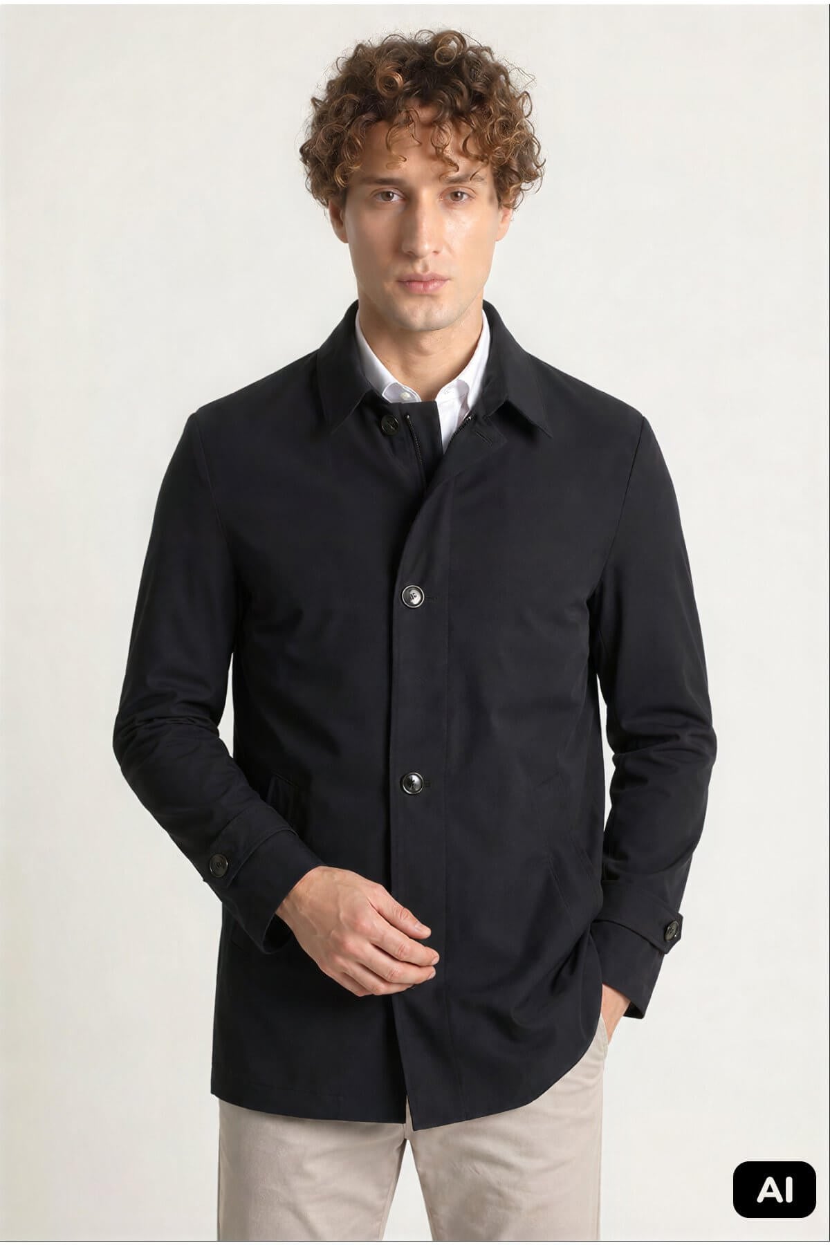 Siyah Regular Fit Gömlek Yaka Polyester Trench