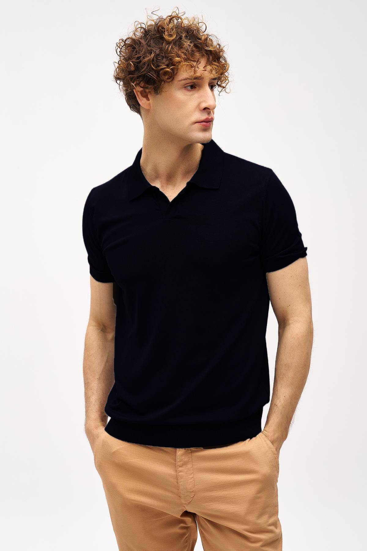 Siyah Slim Fit Dar Kalıp Polo Yaka Düz Kısa Kollu Triko Tişört