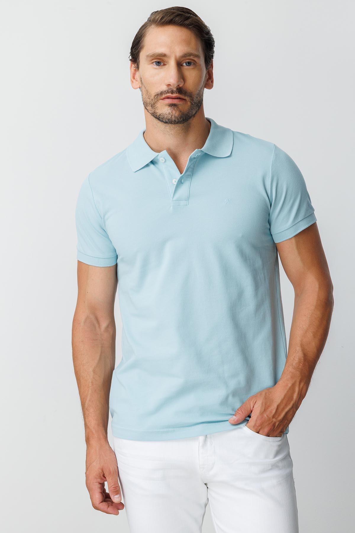 Turkuaz Modern Fit Dar Kalıp Polo Yaka Düz Kısa Kollu  %100 Pamuk Tişört