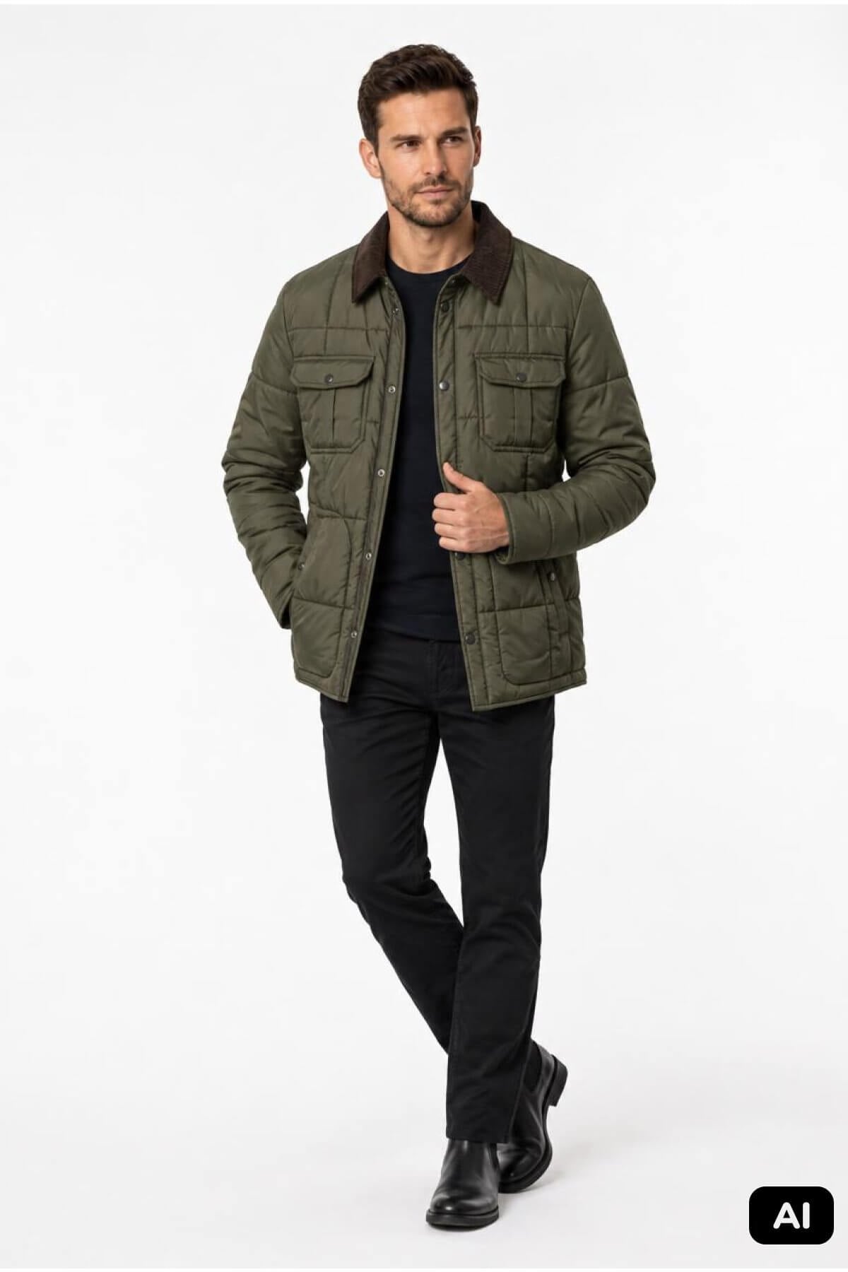 Yeşil Modern Fit Standart Kalıp Gömlek Yaka Mont