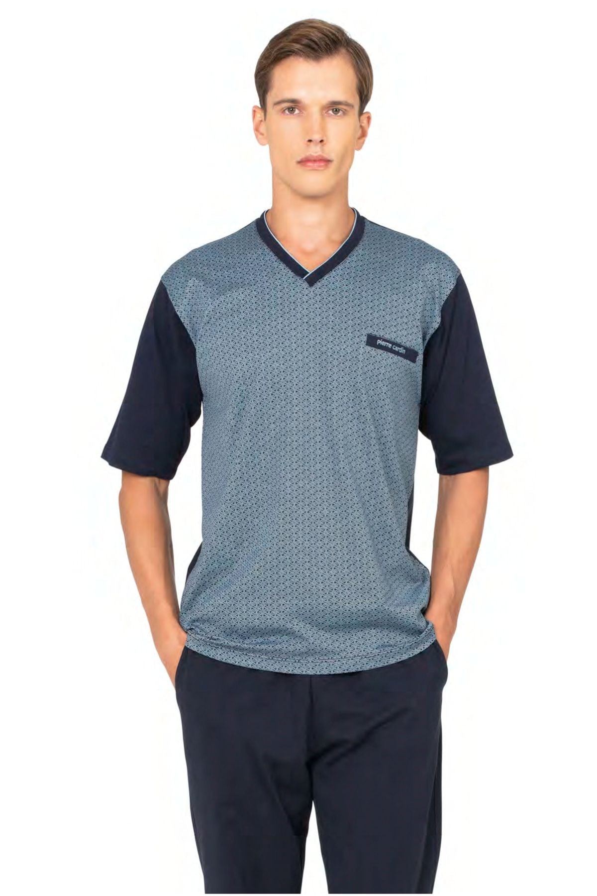 	Pierre Cardin 6134 Erkek Mavı Kısa Kollu Yarım Pat Jakarlı 3Lü Pijama Takımı