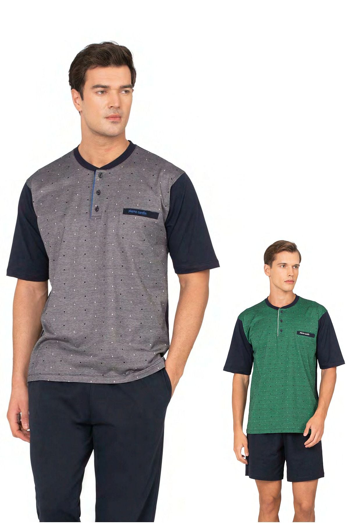 	Pierre Cardin 6132 Erkek Saks Kısa Kollu Yarım Pat Jakarlı 3Lü Pijama Takımı