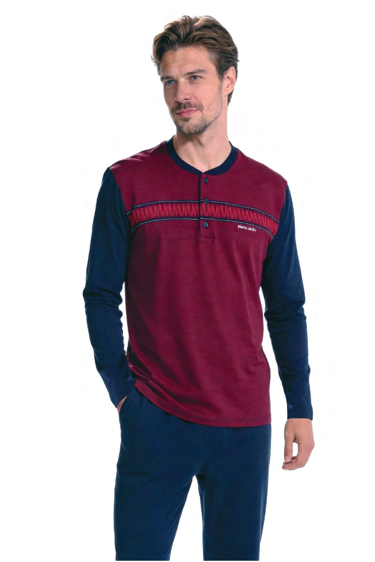 	Pierre Cardin 6141 Erkek Bordo Uzun Kollu Yarım Pat Jakarlı Pijama Takımı