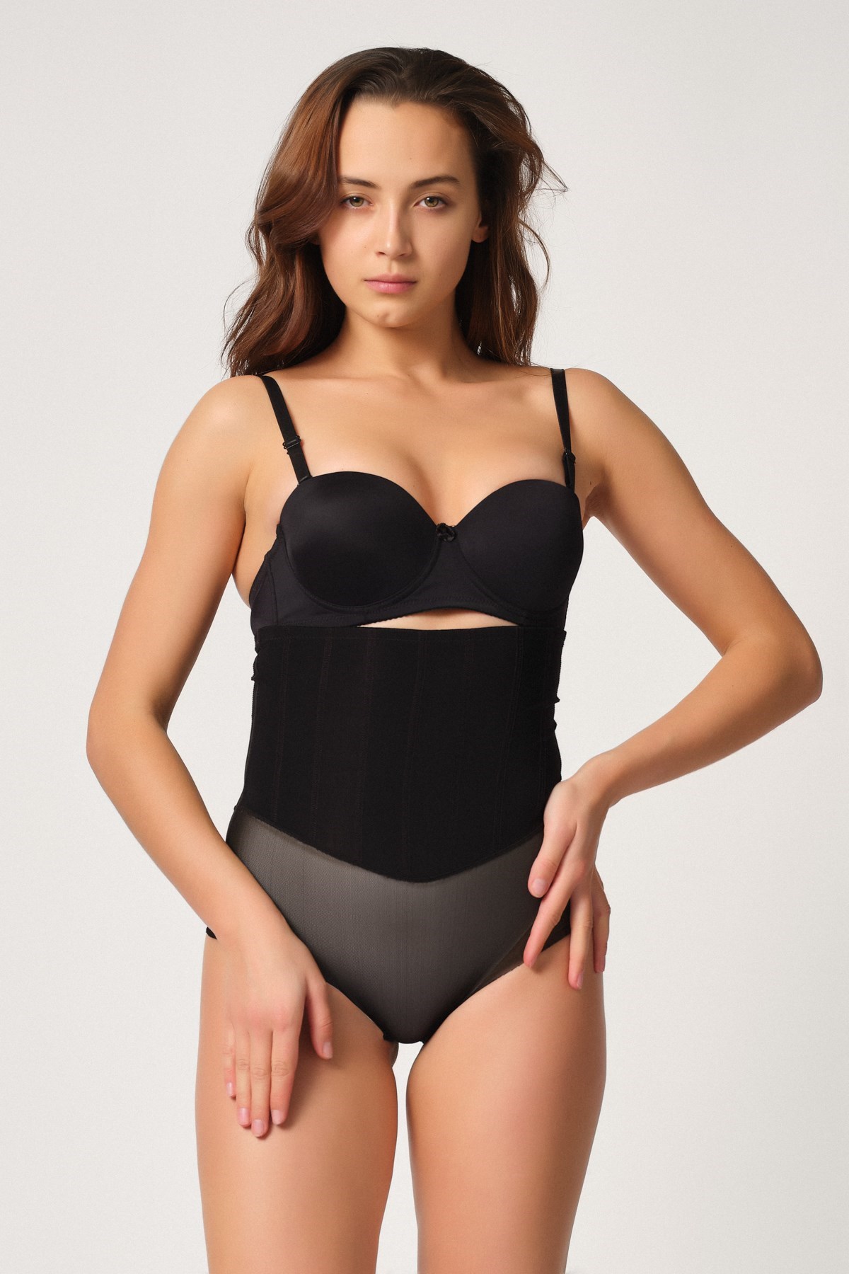 Emay 2945 Tül Karyokalı Lazer Slip Korse Siyah