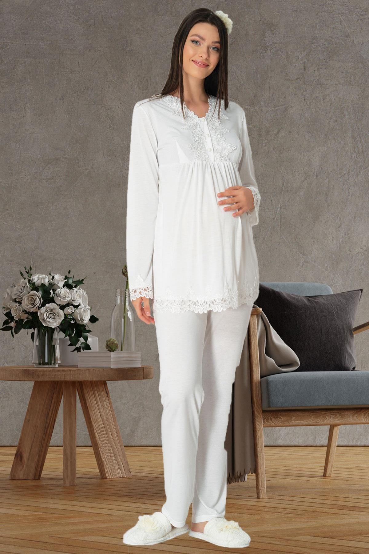 Mecit 1517 Ekru Sabahlıklı Lohusa Pijama Takımı