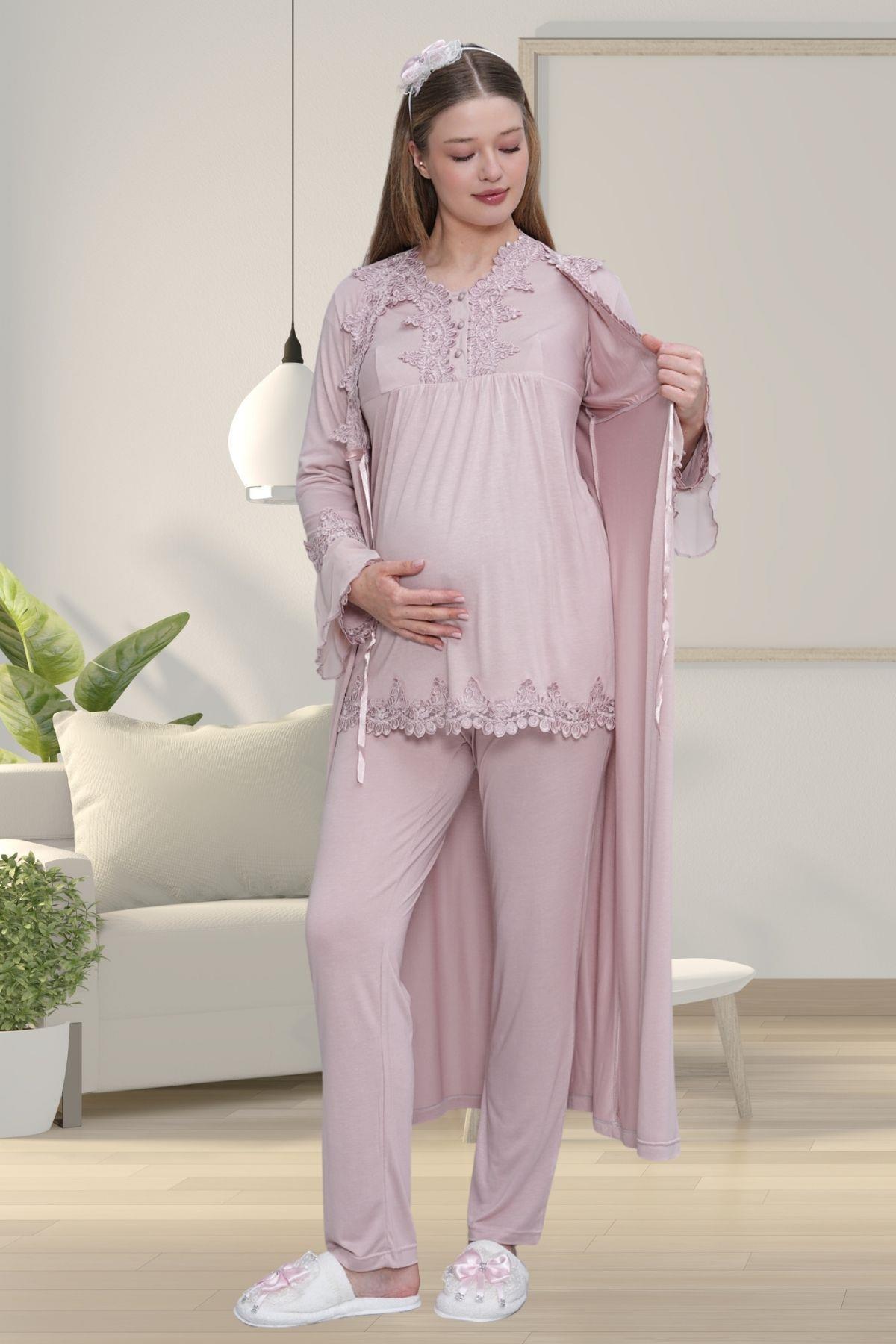 Mecit 1517 Gül Kurusu Sabahlıklı Lohusa Pijama Takımı