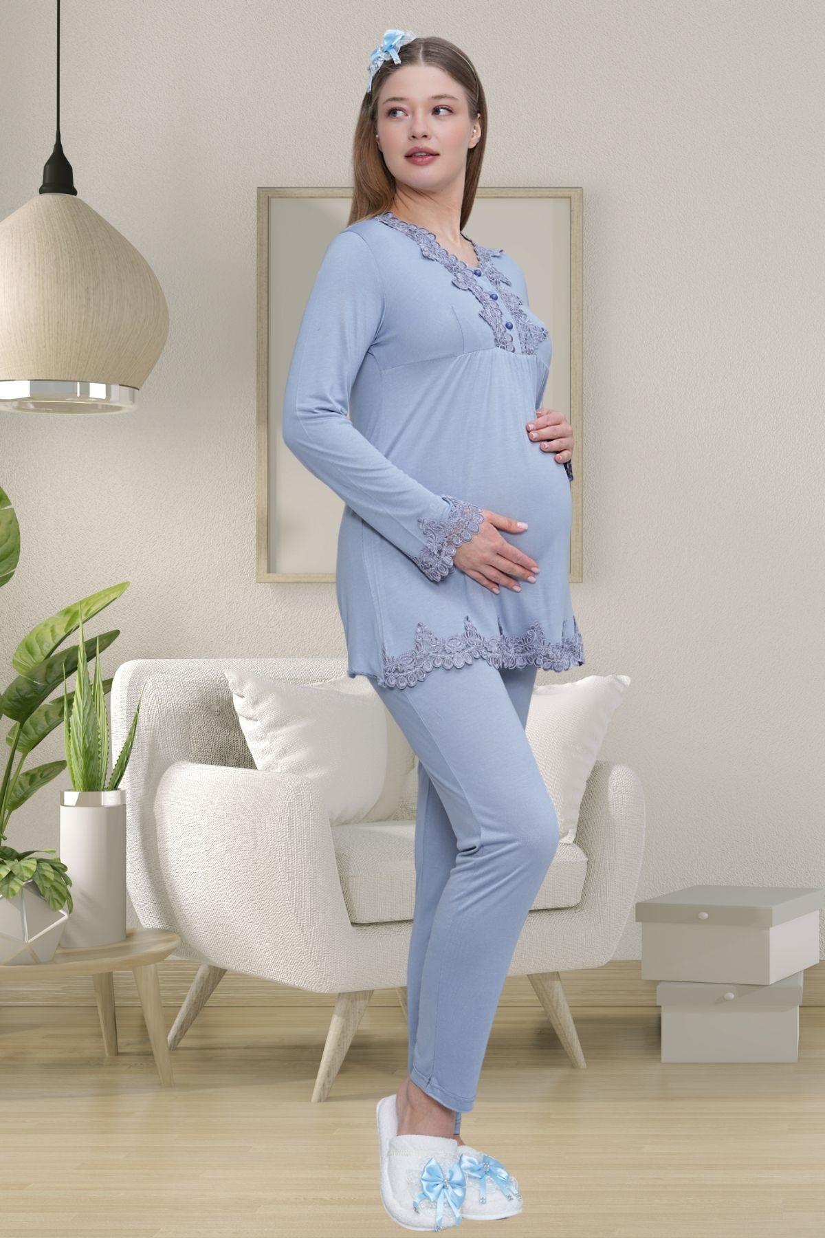 Mecit 1517 Mavi Sabahlıklı Lohusa Pijama Takımı