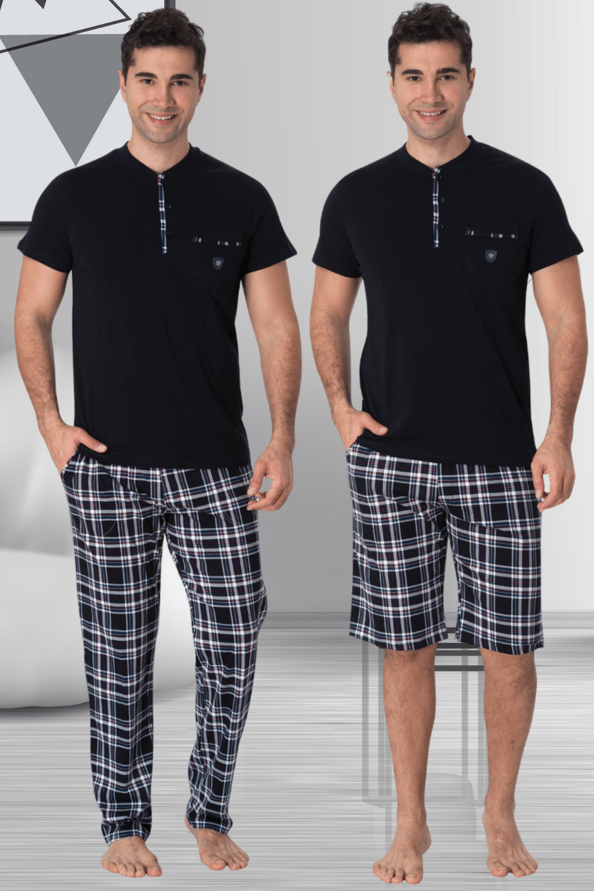Mecit 2901 Lacivert Ekoseli %100 Pamuk 3lü Büyük Beden Erkek Pijama Takımı