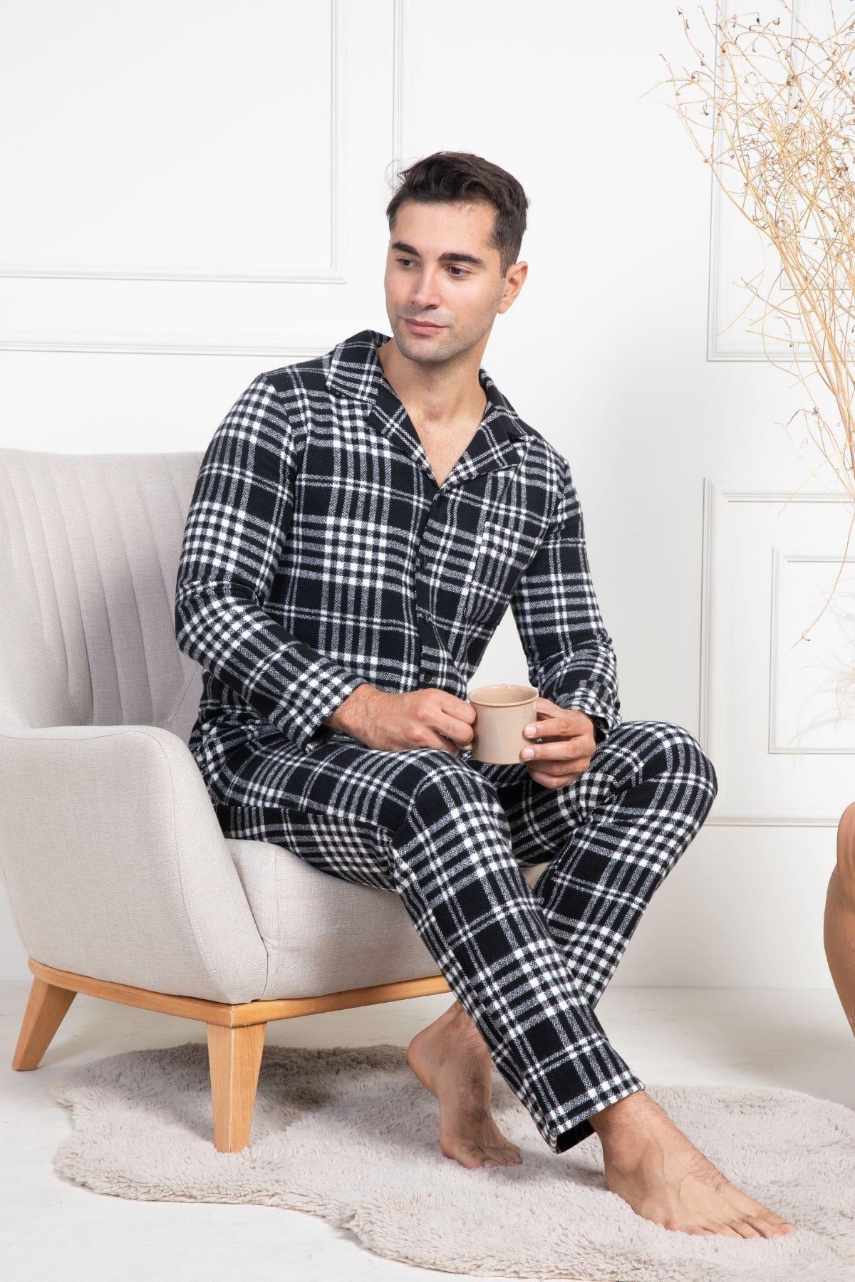 Mecit 2950 Beyaz Ekoseli Büyük Beden Kışlık Erkek Pijama Takımı