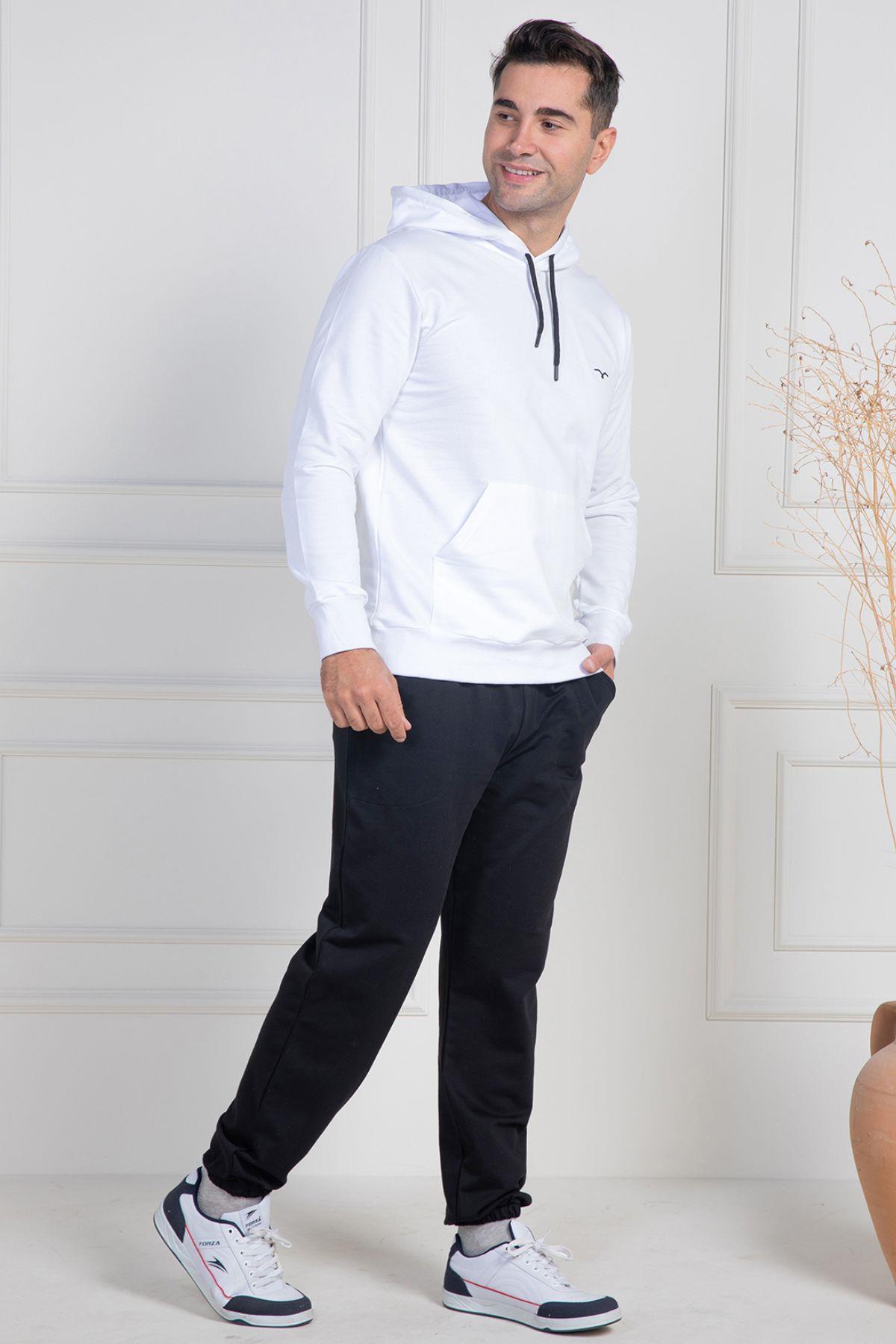 Mecit 2975 Beyaz %100 Pamuk Kapüşonlu Spor Model Büyük Beden Erkek Pijama Takımı