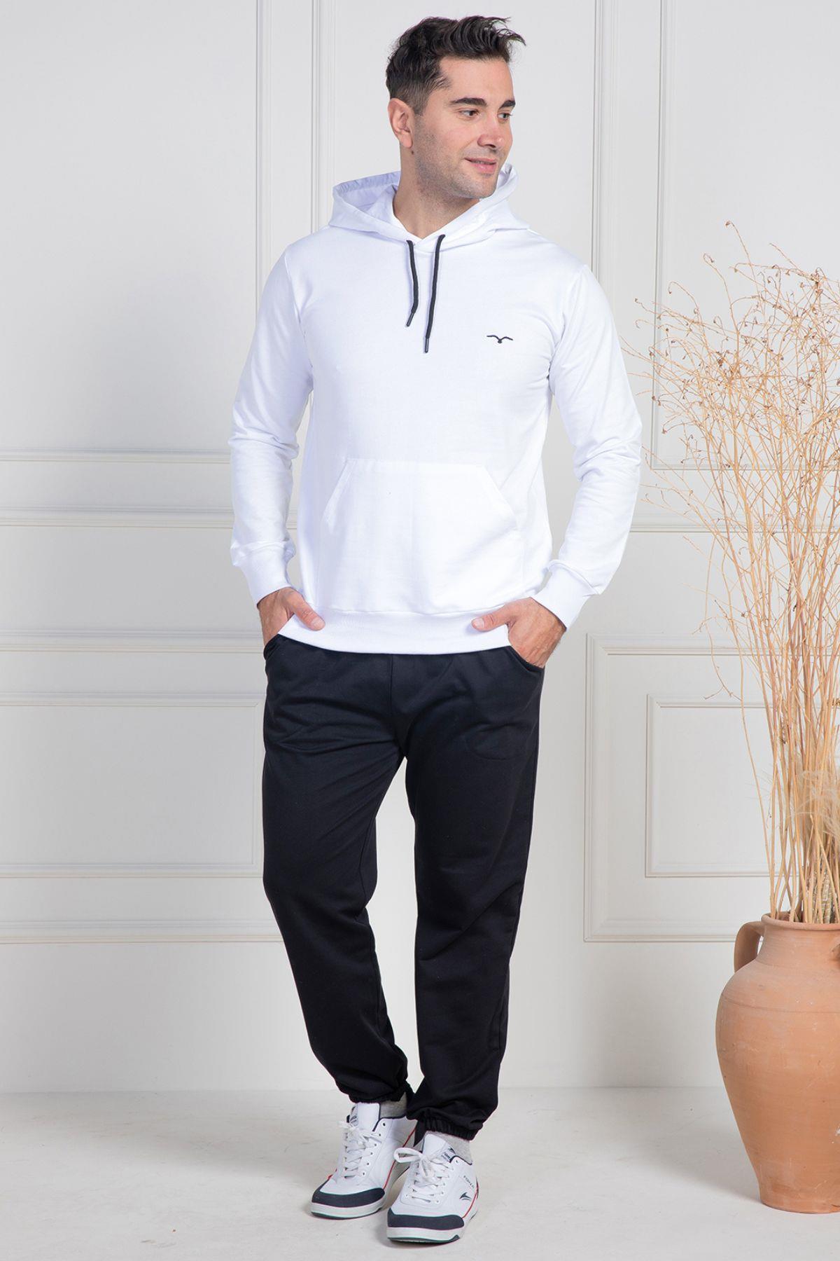 Mecit 2975 Beyaz %100 Pamuk Kapüşonlu Spor Model Büyük Beden Erkek Pijama Takımı