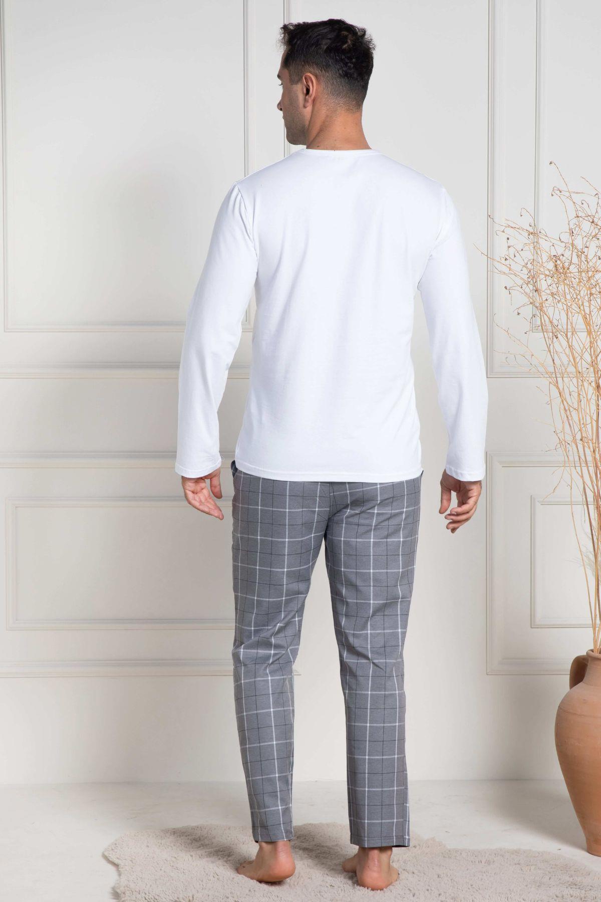 Mecit 3054 Beyaz Ekoseli Erkek Büyük Beden Pijama Takımı