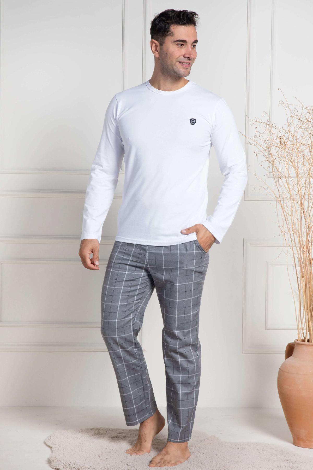 Mecit 3054 Beyaz Ekoseli Erkek Büyük Beden Pijama Takımı