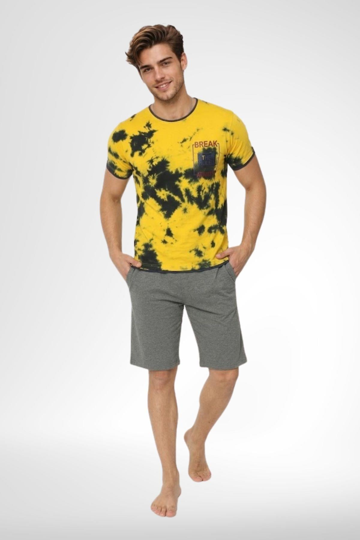 Mecit 4001 Sarı Batik Desenli %100 Pamuk Şortlu Erkek Pijama Takımı