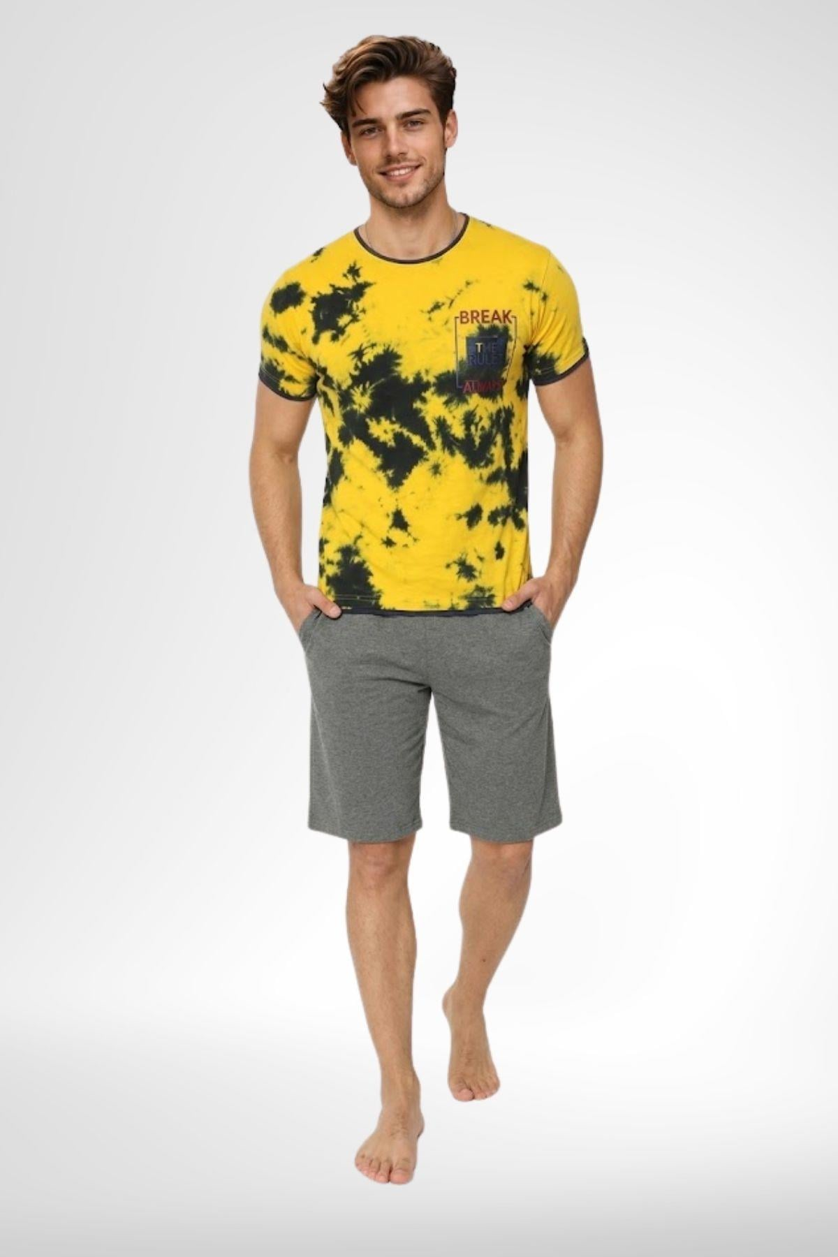 Mecit 4001 Sarı Batik Desenli %100 Pamuk Şortlu Erkek Pijama Takımı