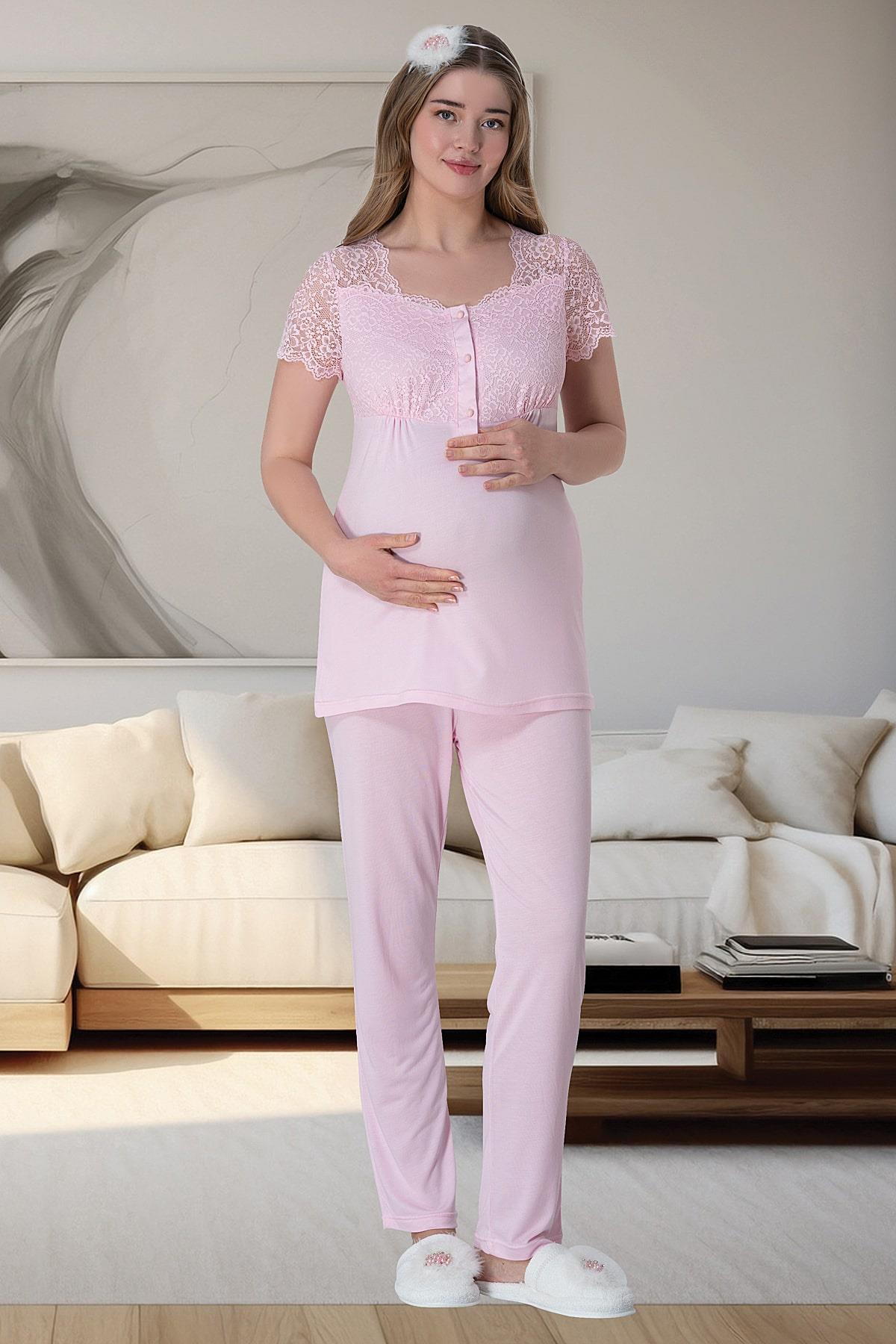 Mecit 6063 Pembe Çizgili Uzun Sabahlıklı Gecelik Pijama Lohusa Set
