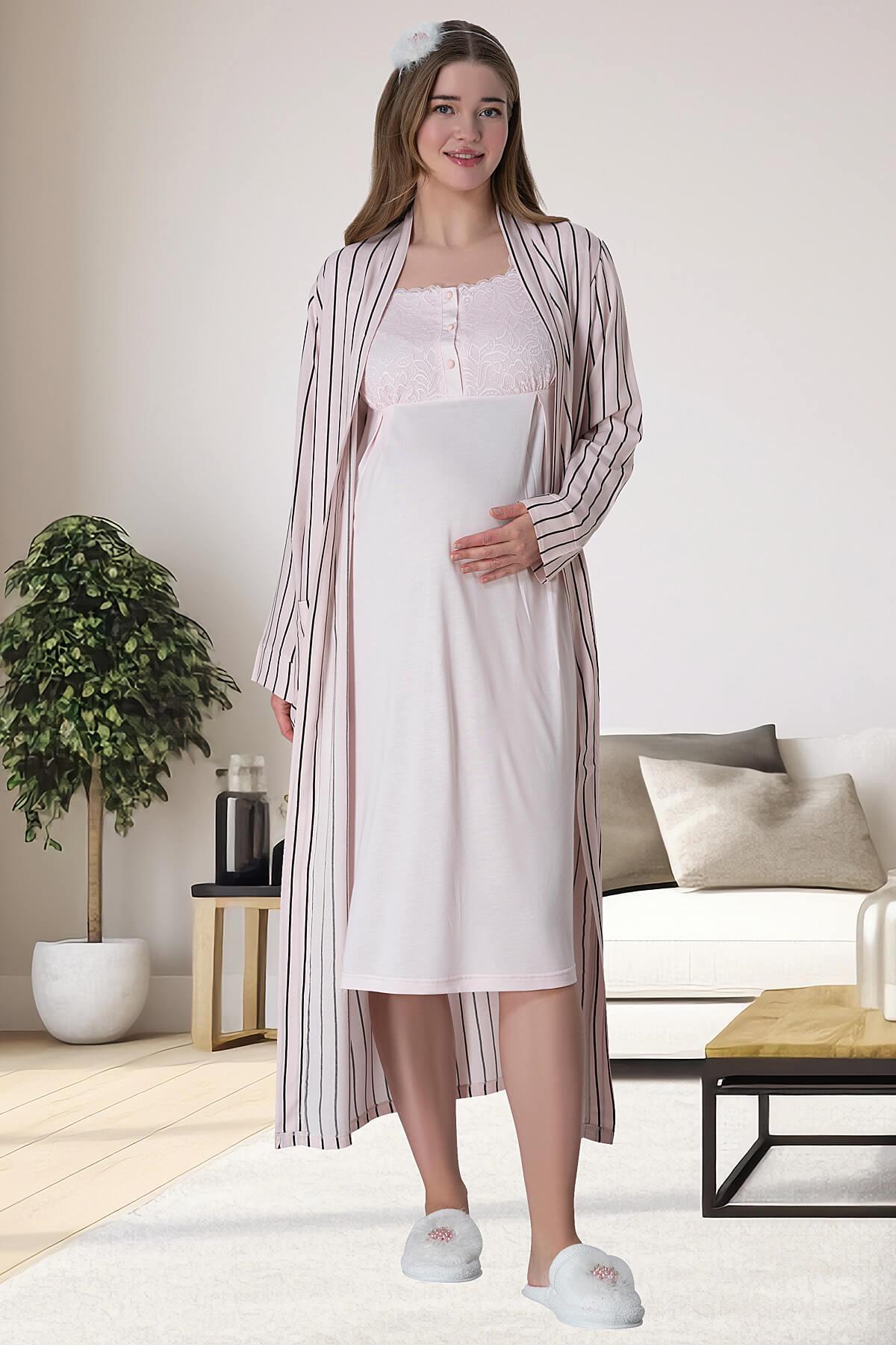 Mecit 6063 Pembe Çizgili Uzun Sabahlıklı Gecelik Pijama Lohusa Set