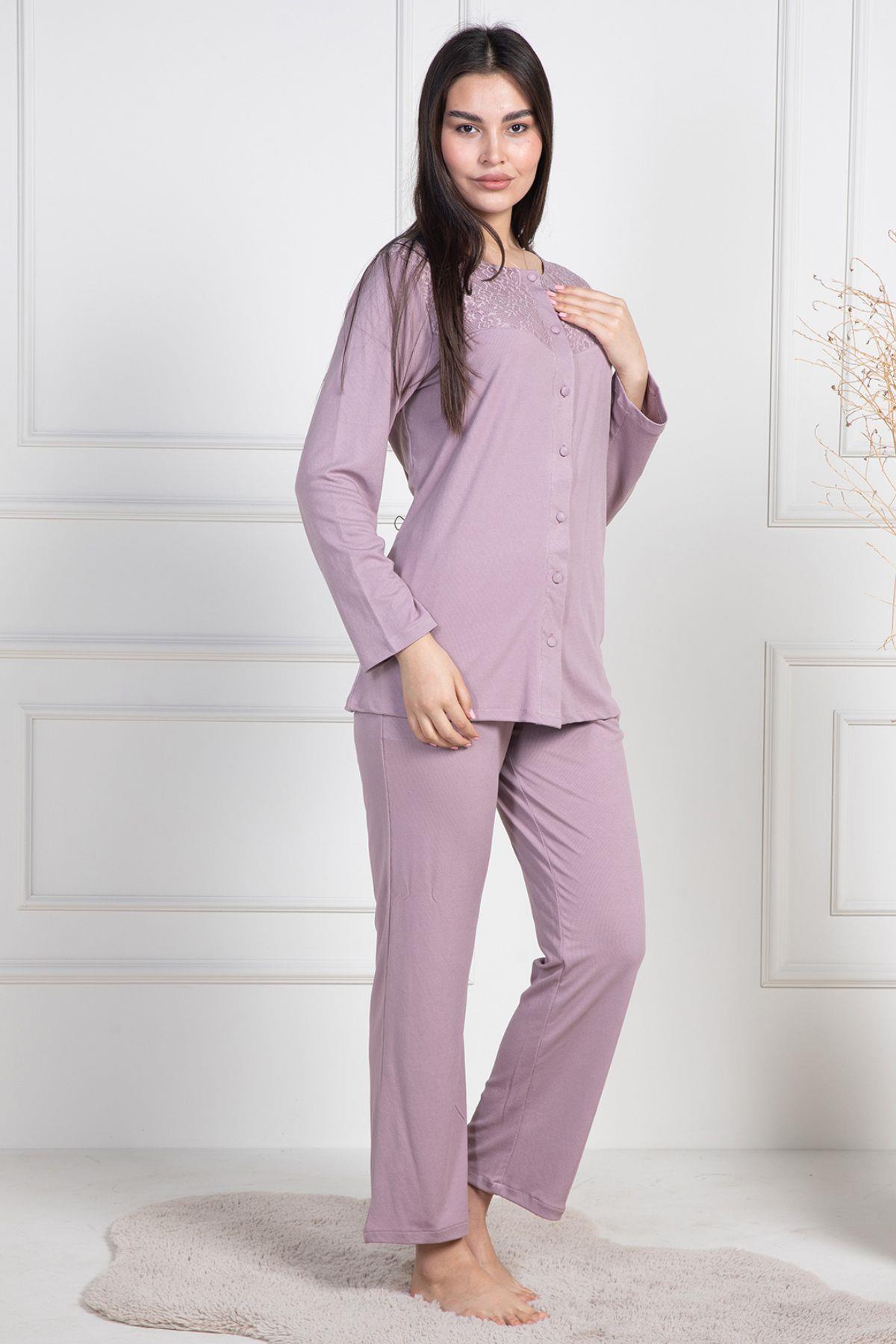 Mecit 6105 Gül Kurusu Kadın Büyük Beden Boydan Düğmeli Pijama Takımı