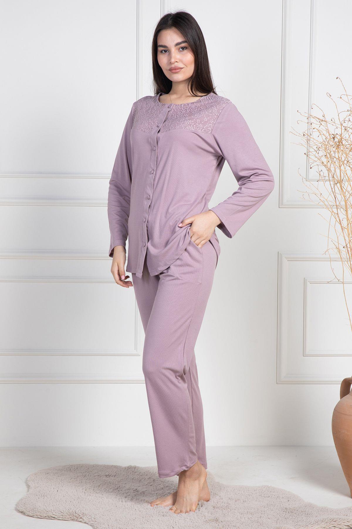 Mecit 6105 Gül Kurusu Kadın Büyük Beden Boydan Düğmeli Pijama Takımı
