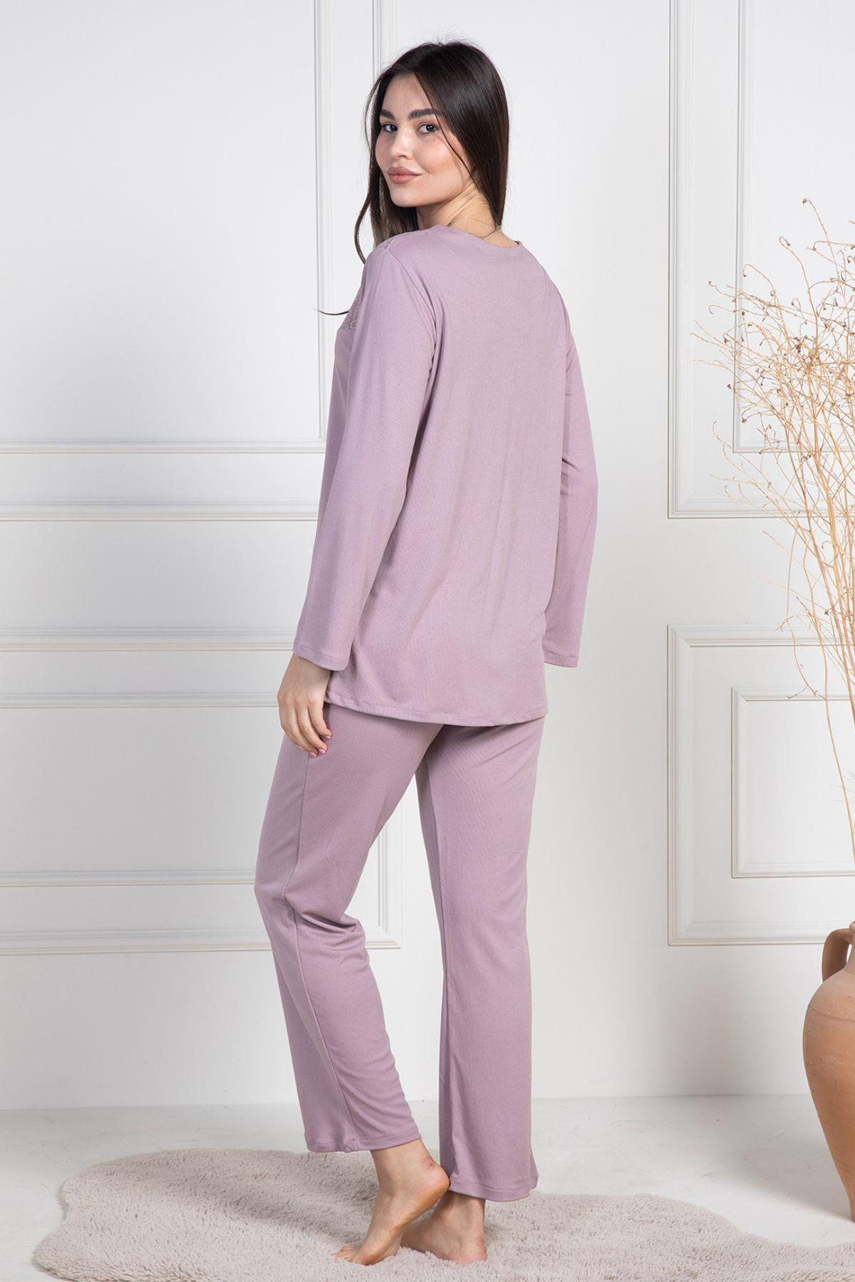 Mecit 6105 Gül Kurusu Kadın Büyük Beden Boydan Düğmeli Pijama Takımı