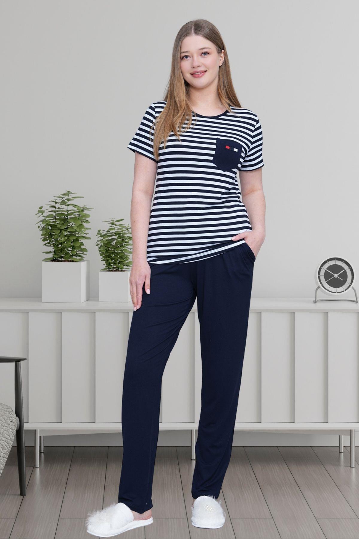 Mecit 6202 Lacivert Çizgili Büyük Beden Kadın Pijama Takımı