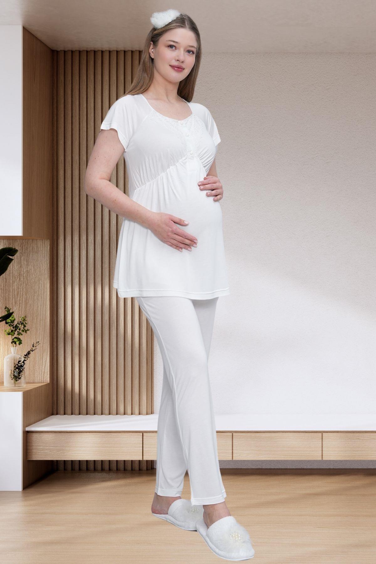 Mecit 6203 Ekru Sabahlıklı Lohusa Pijama Takımı