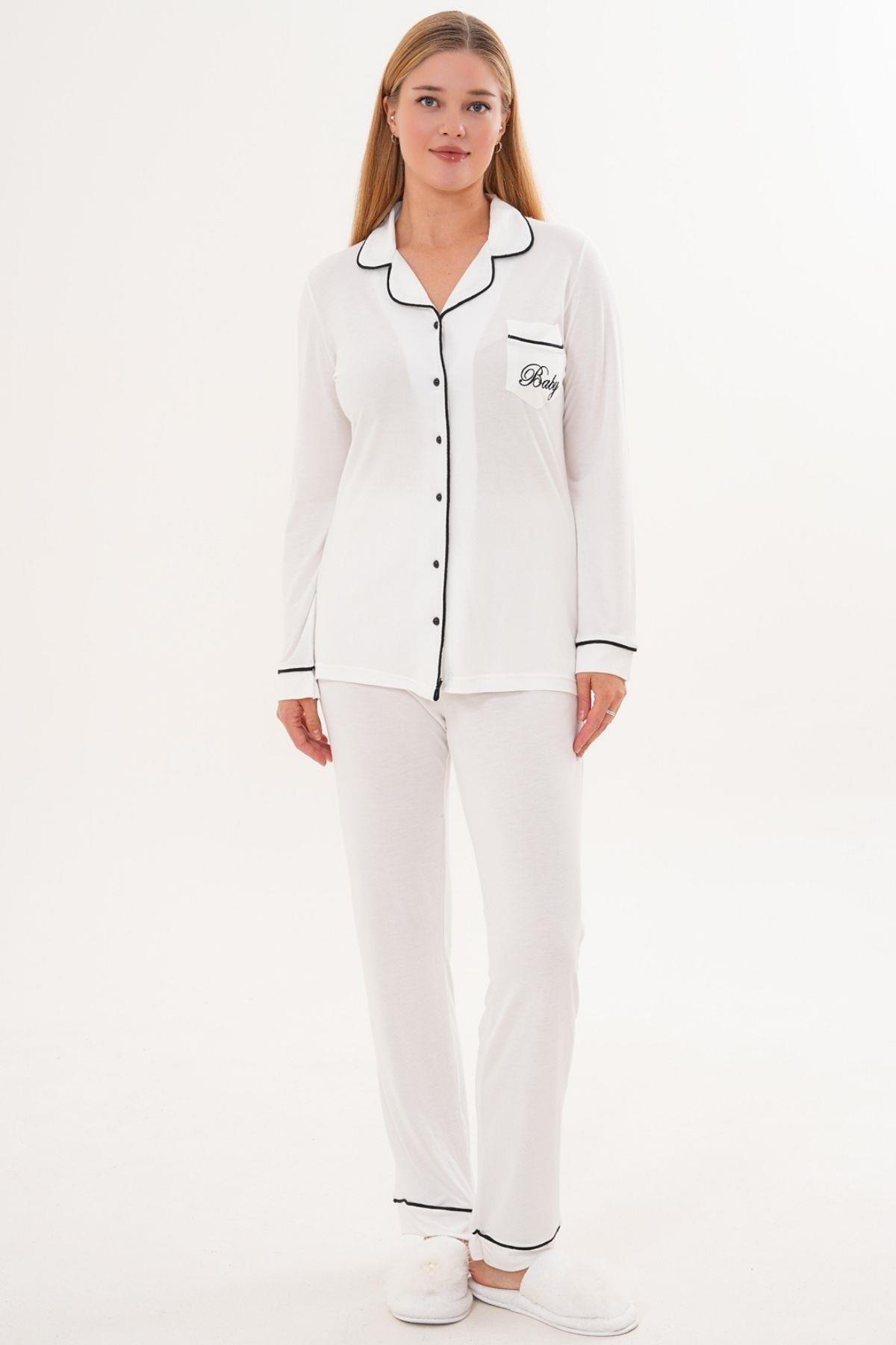 Mecit 6307 Ekru Boydan Düğmeli Kadın Pijama Takımı