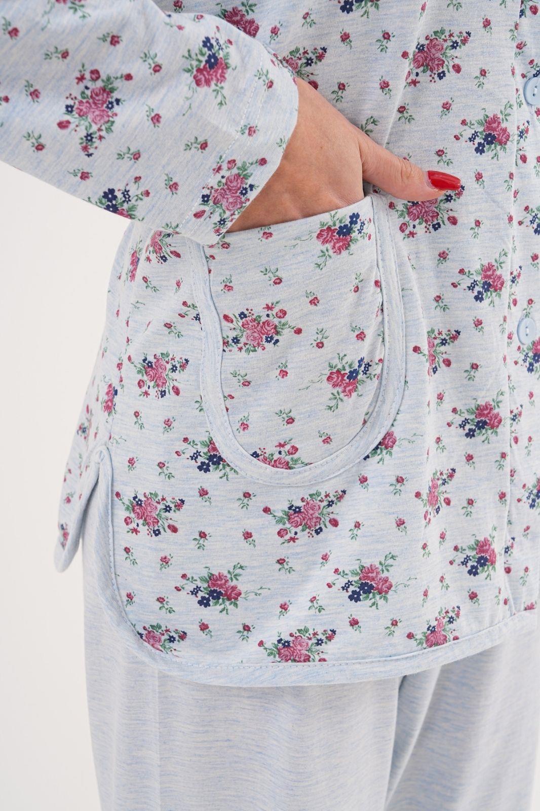 Mecit 6315 Mavi Kadın Boydan Düğmeli Büyük Beden Pijama Takımı