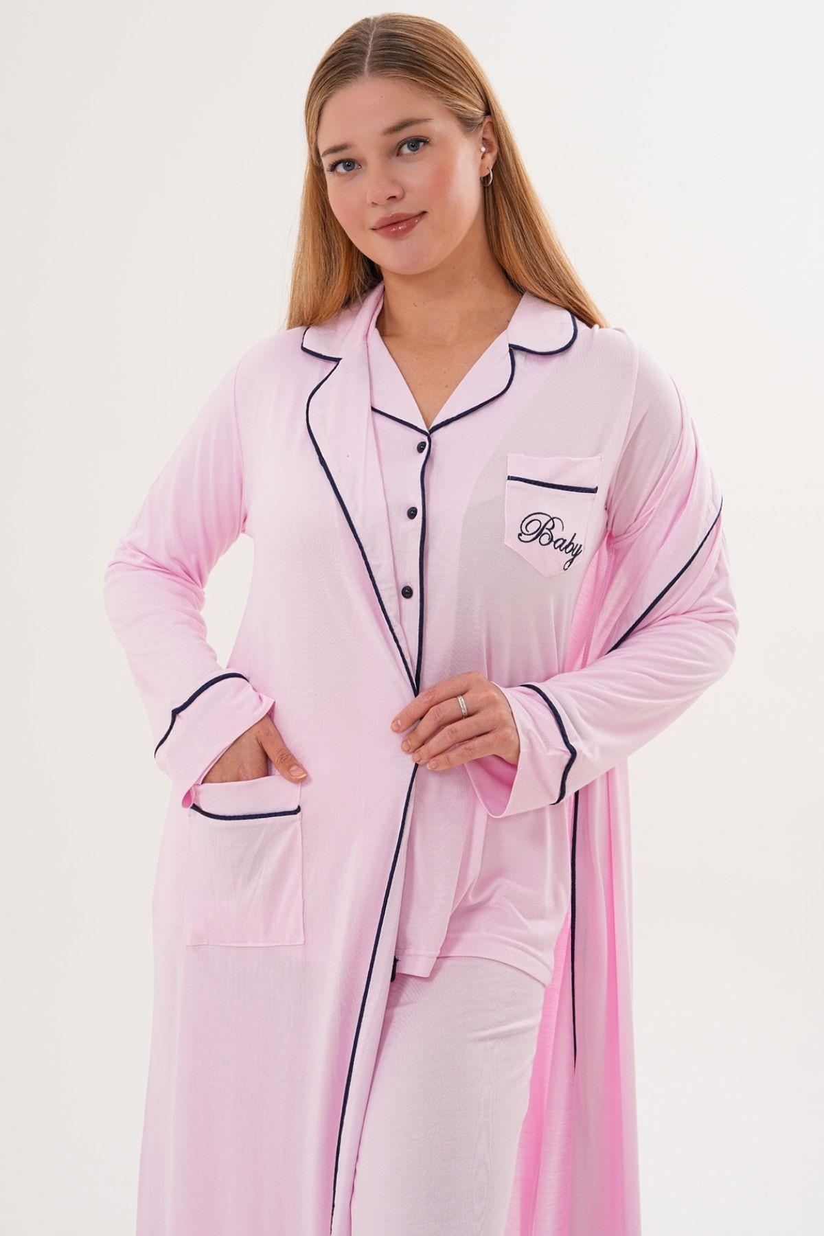 Mecit 6333 Pembe Kadın Sabahlıklı Boydan Düğmeli Pijama Takımı