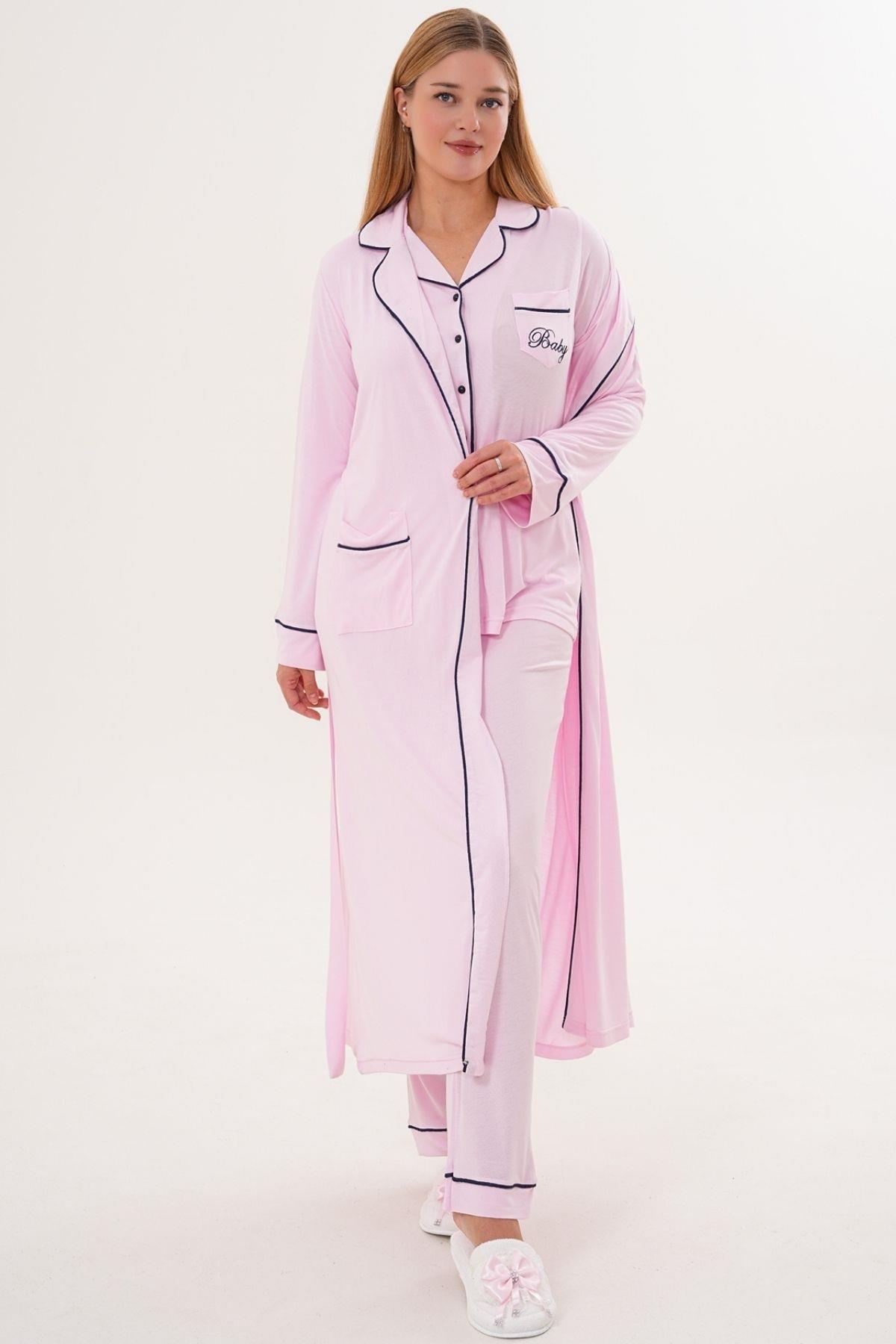 Mecit 6333 Pembe Kadın Sabahlıklı Boydan Düğmeli Pijama Takımı