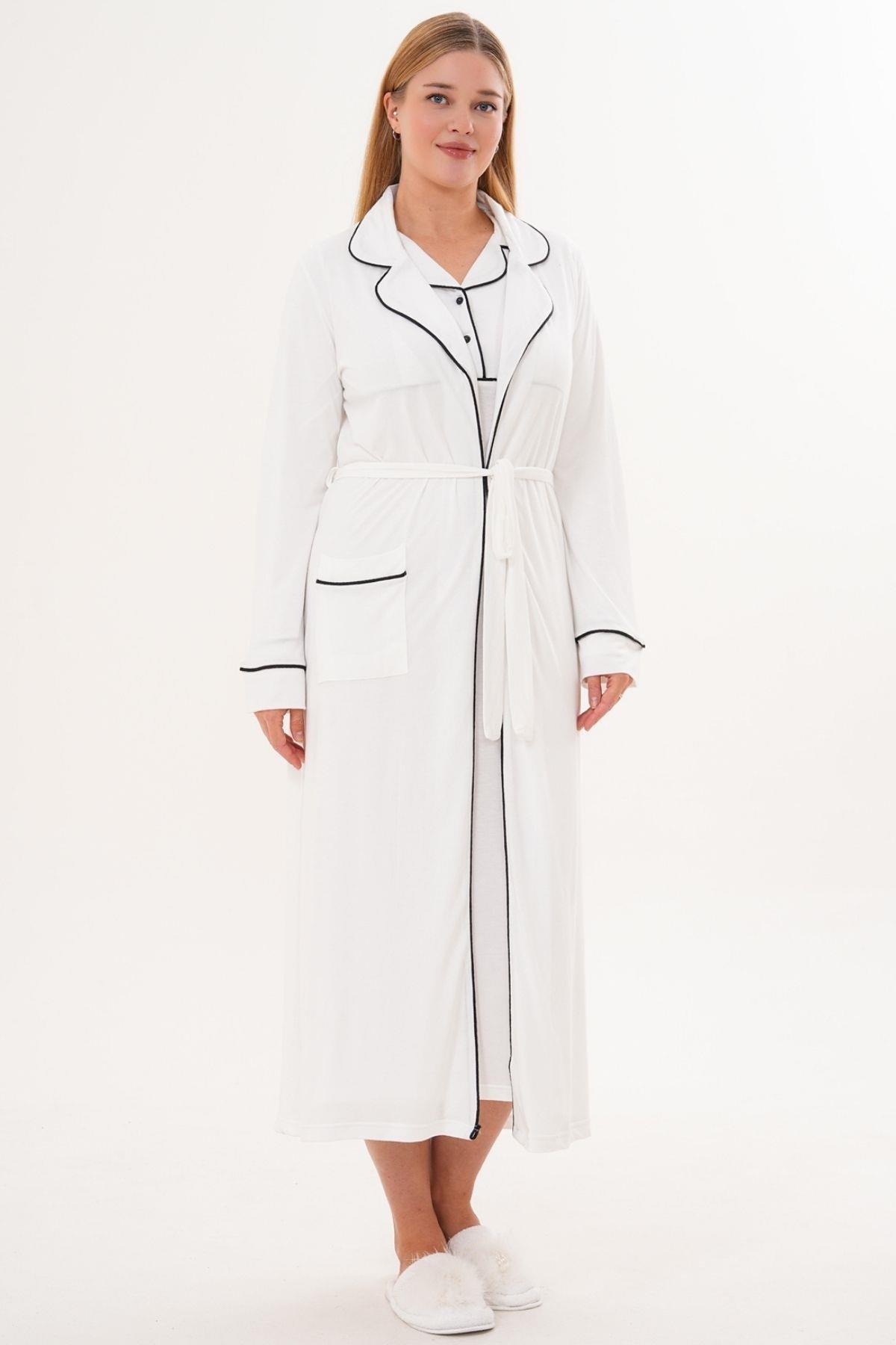Mecit 6335 Ekru Kadın Sabahlık Gecelik Pijama 4lü Set