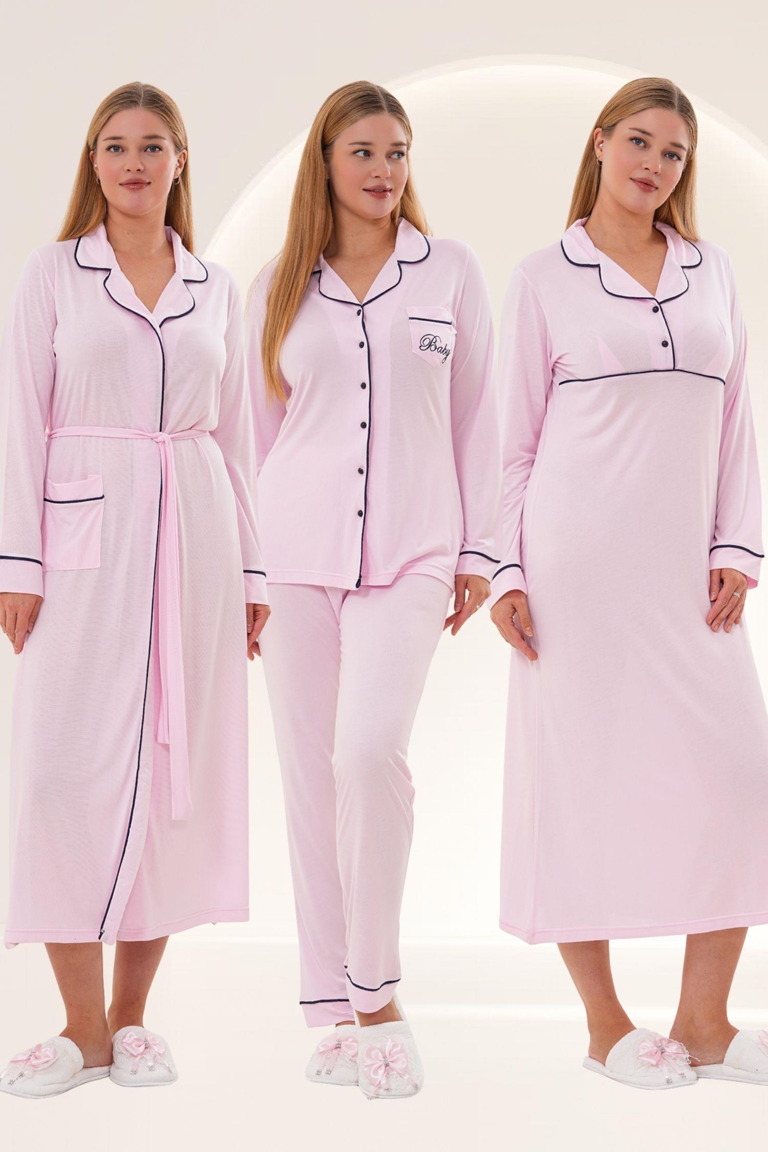 Mecit 6335 Pembe Kadın Sabahlık Gecelik Pijama 4lü Set