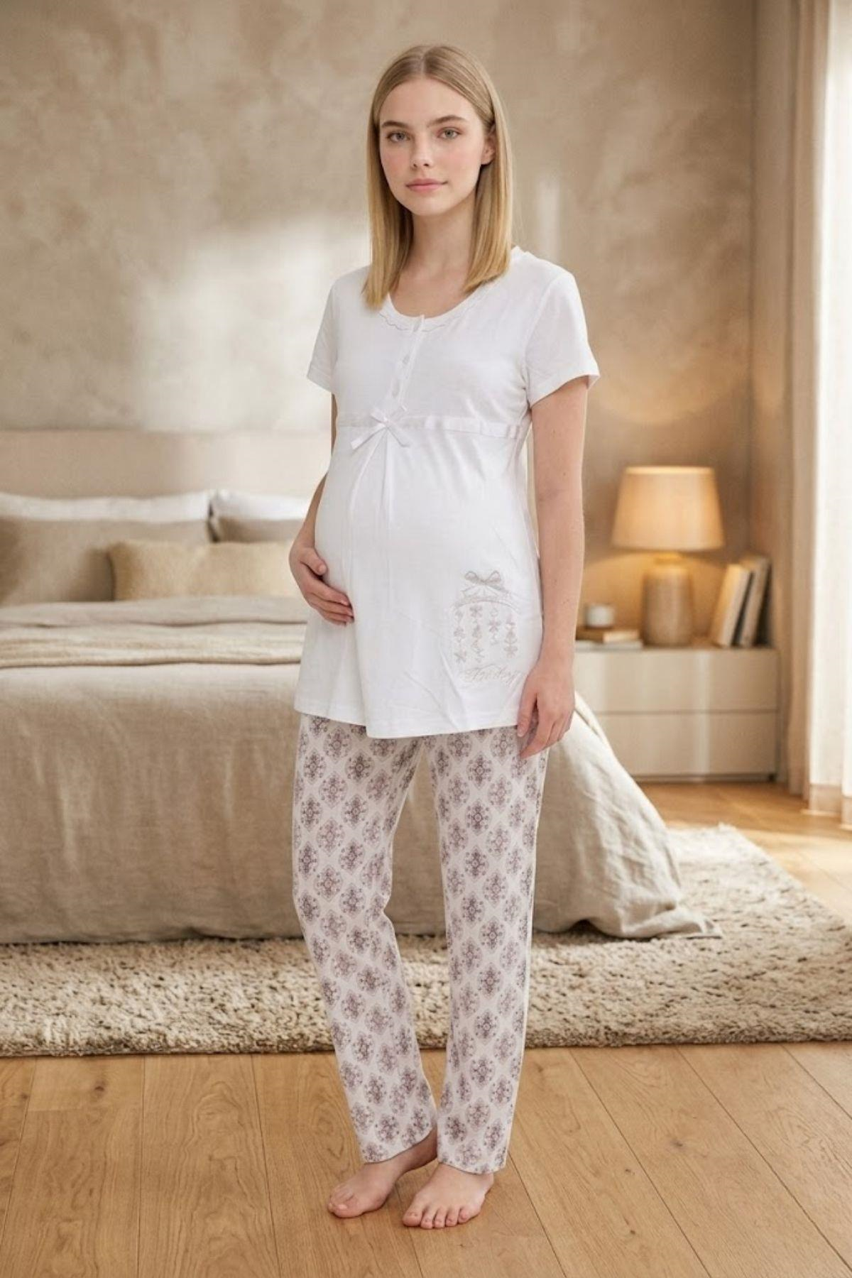 Mecit 6350 Ekru Hamile Lohusa Pijama Takımı