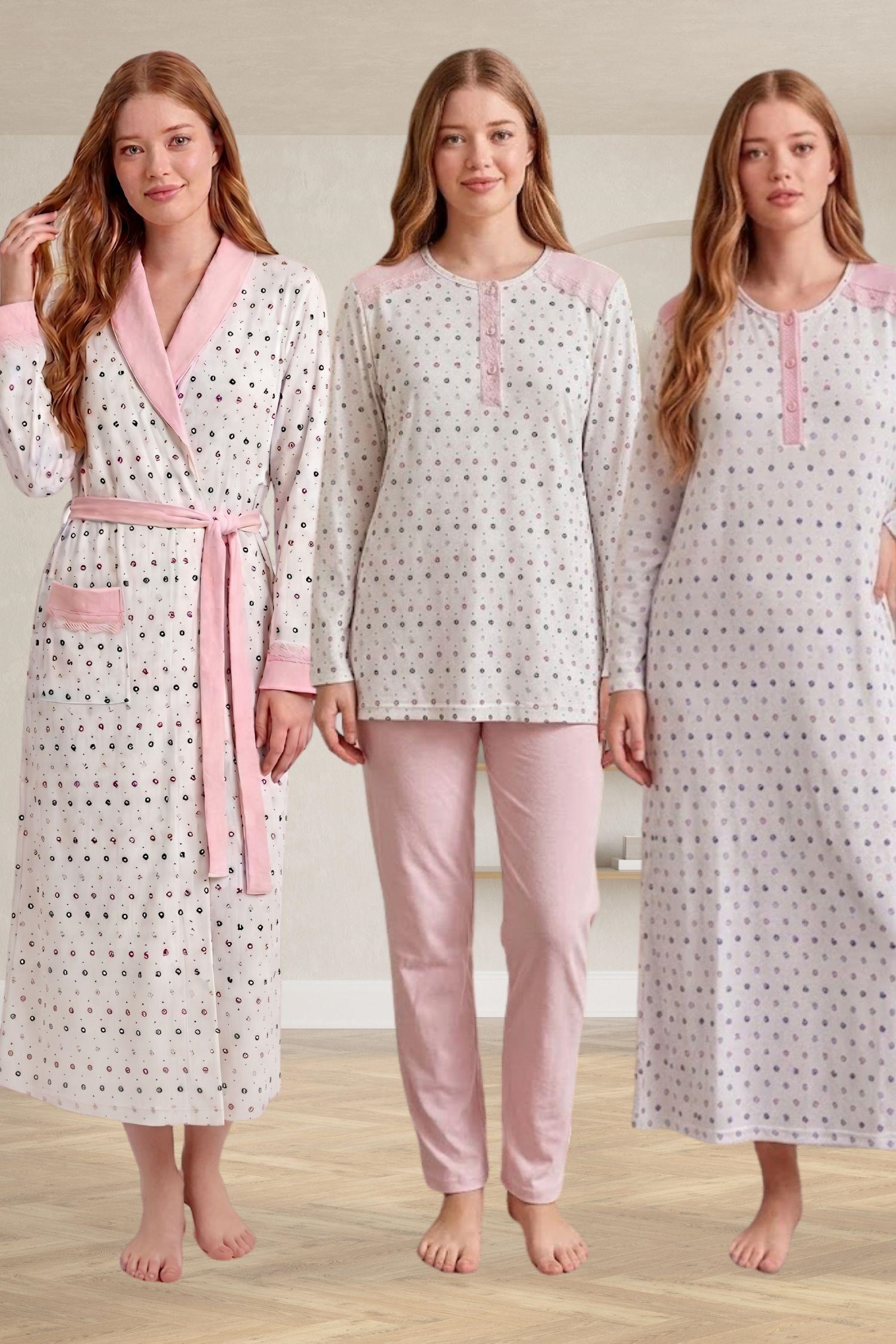 Mecit 6360 Pembe Kadın Sabahlık Pijama Gecelik Set