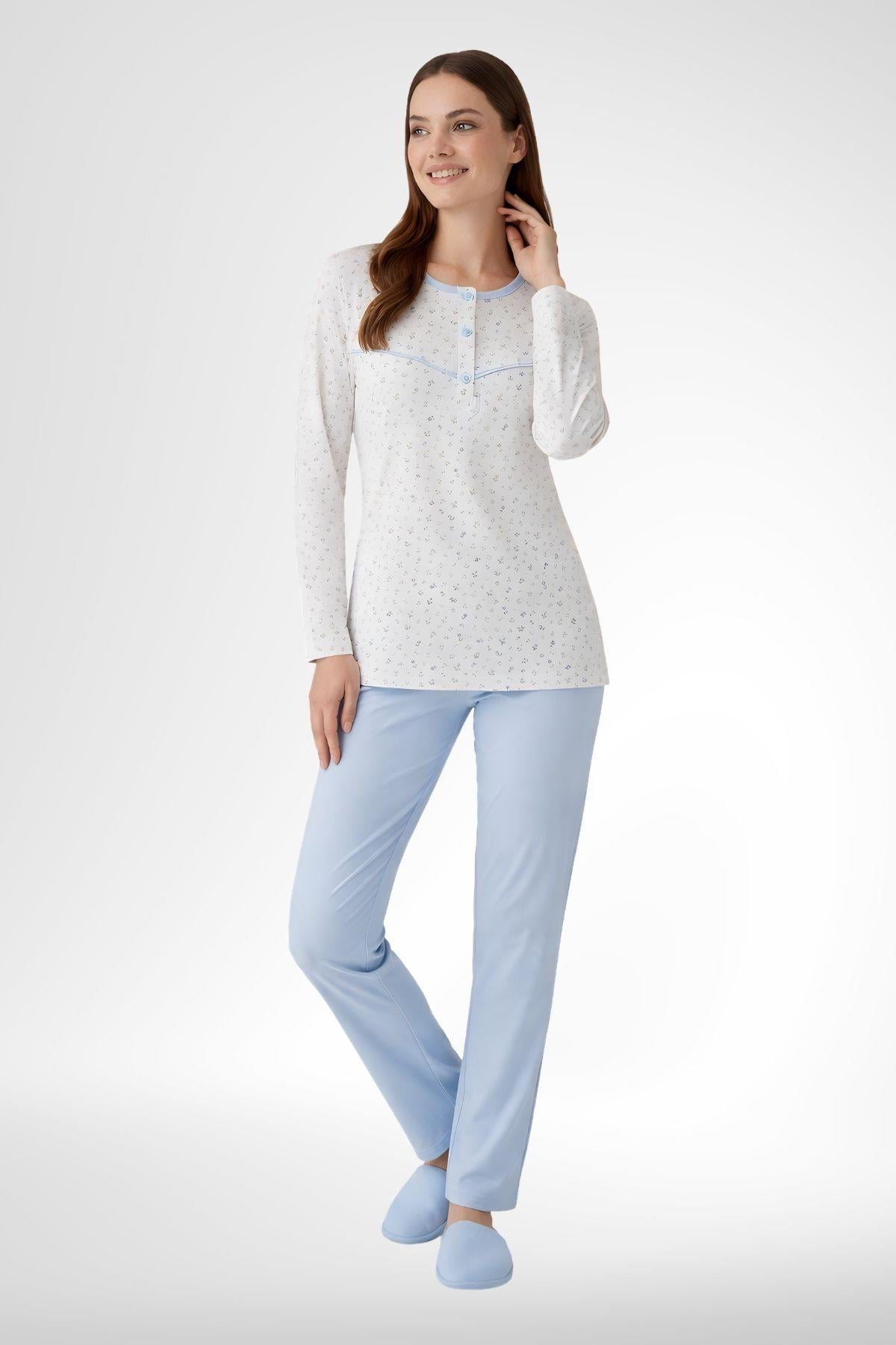 Mecit 6361 Mavi %100 Pamuk Büyük Beden Kadın Pijama Takımı